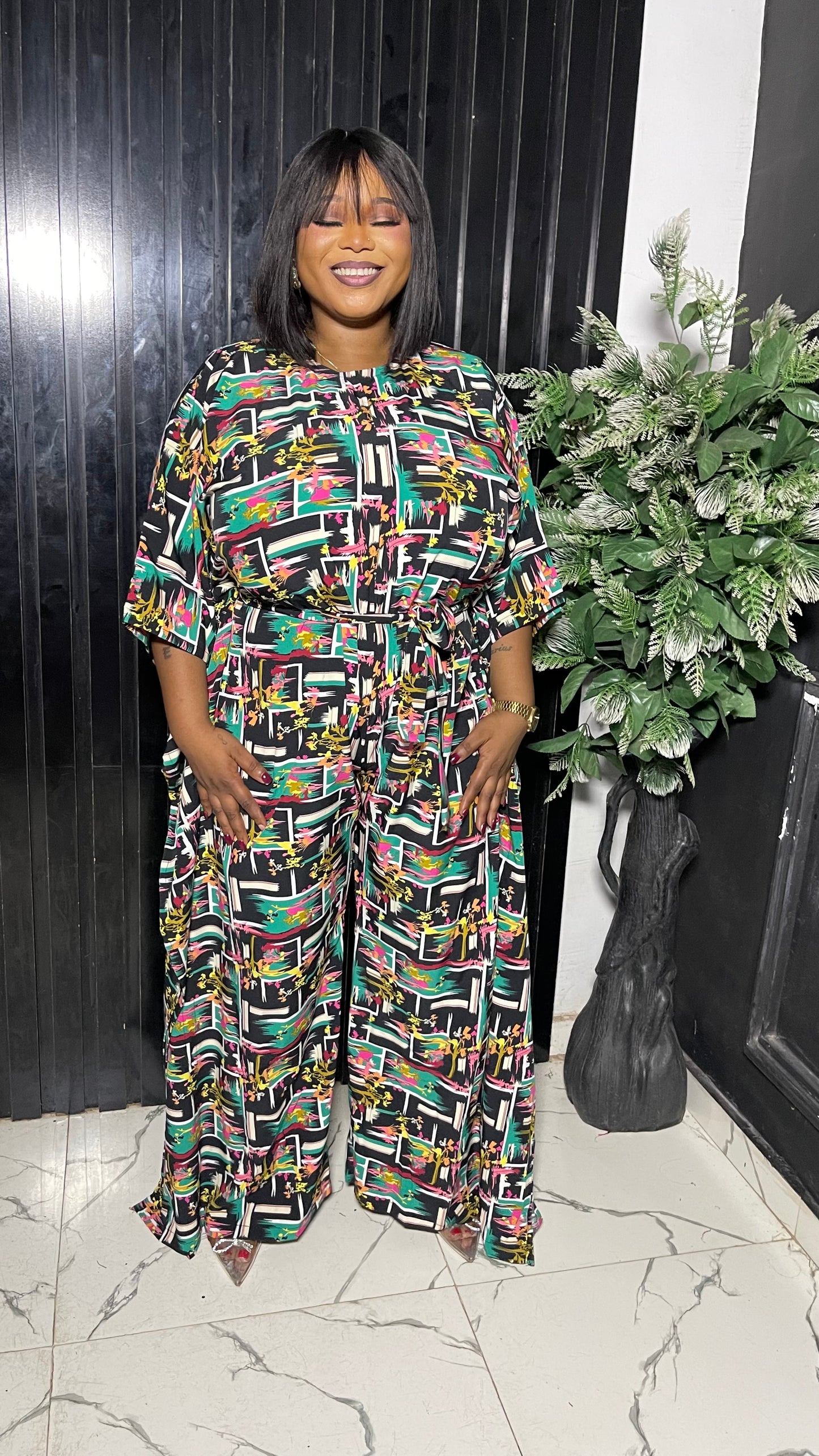 Crepe material free size jumpsuit with belt Slightly stretch