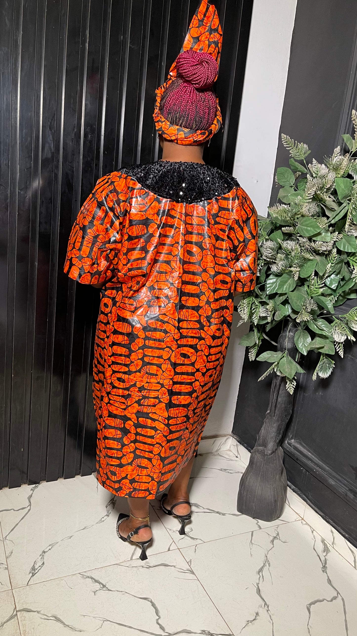 Tie-dye danshiki dress in orange with black sequins