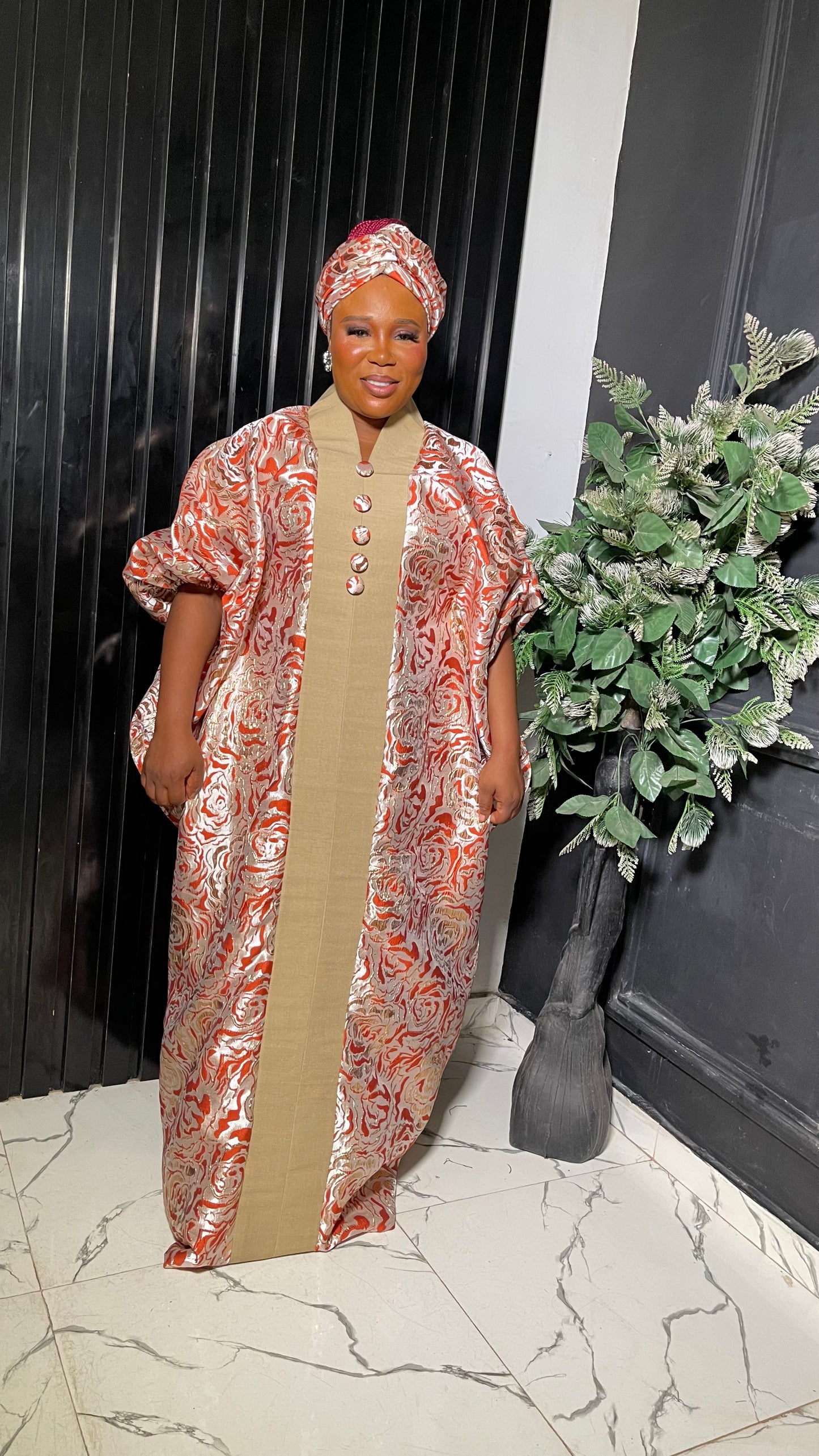 Elegant free size Damask bubu with aso oke in orange