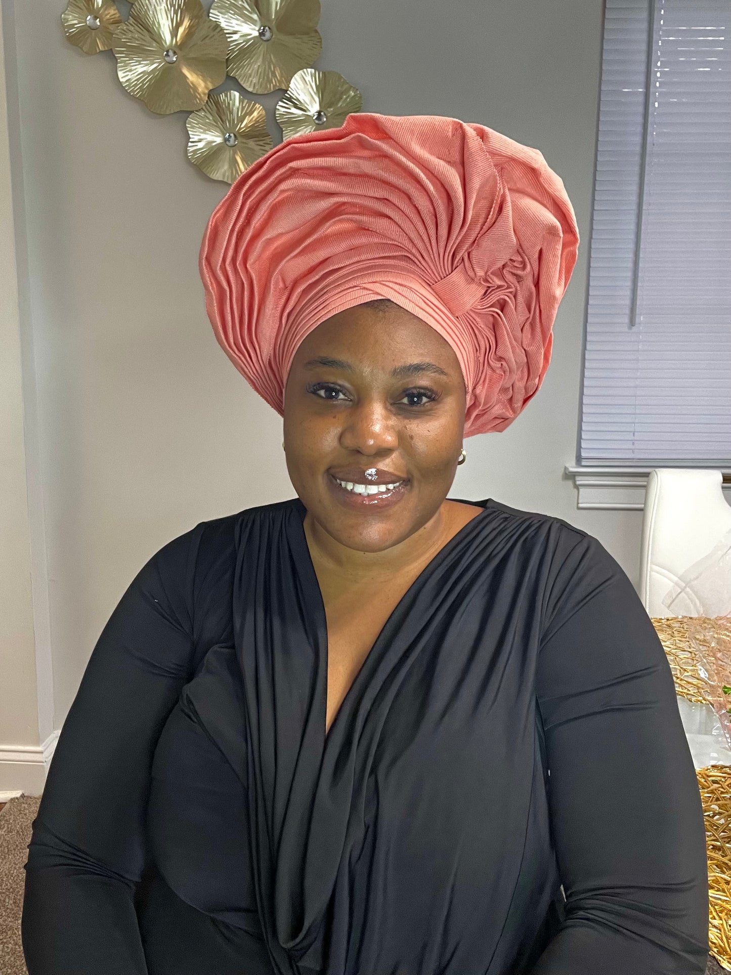Pre-made Peach Aso oke Headtie / Auto gele