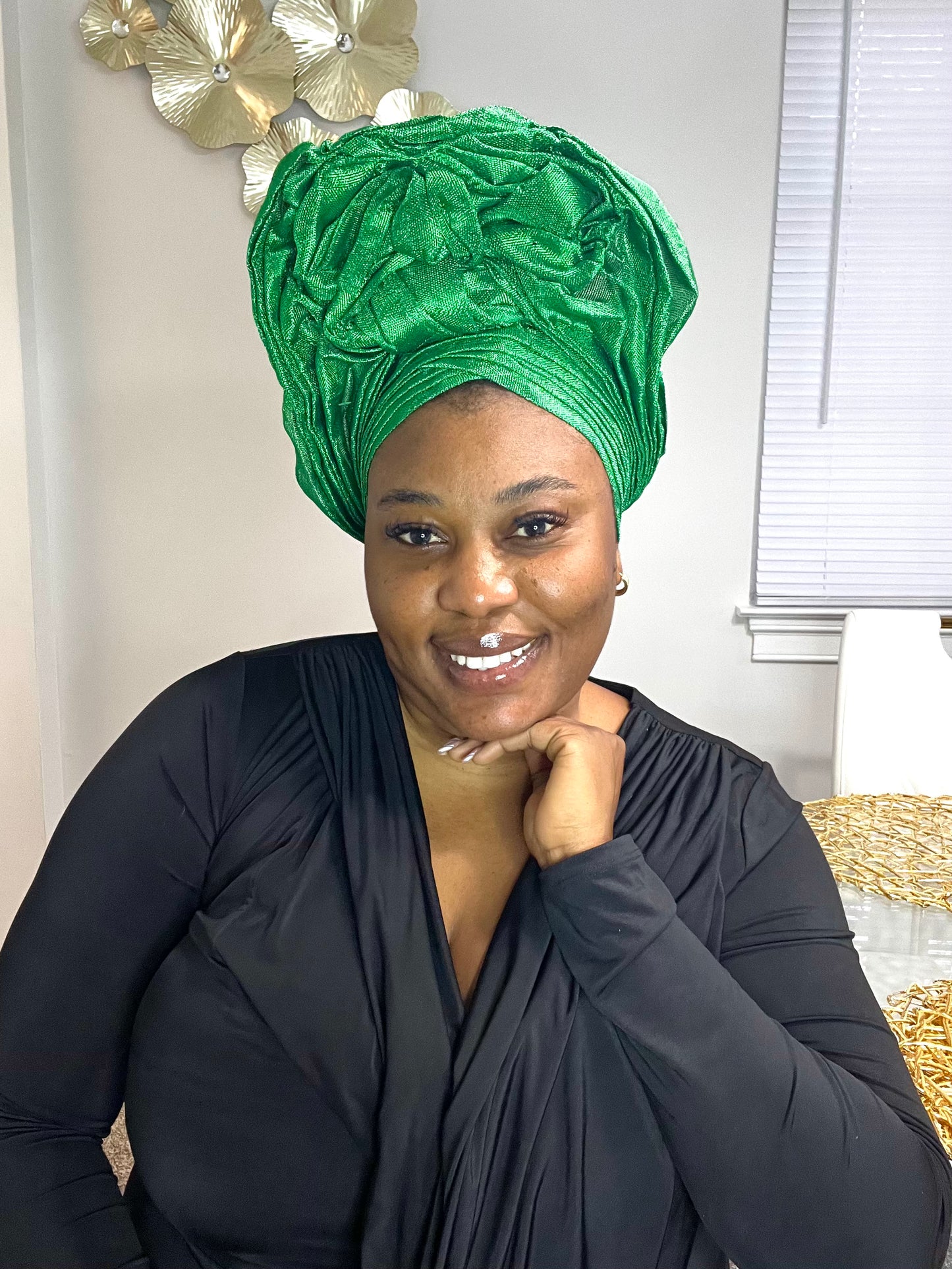 Pre-made Green Aso oke Headtie / Auto gele