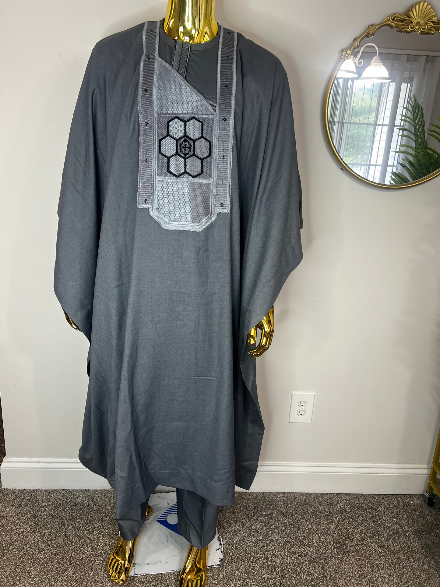 AkeemAzeez African men 3pcs set (pant ,shirt & Agbada) outfit in Gray with Embroidery