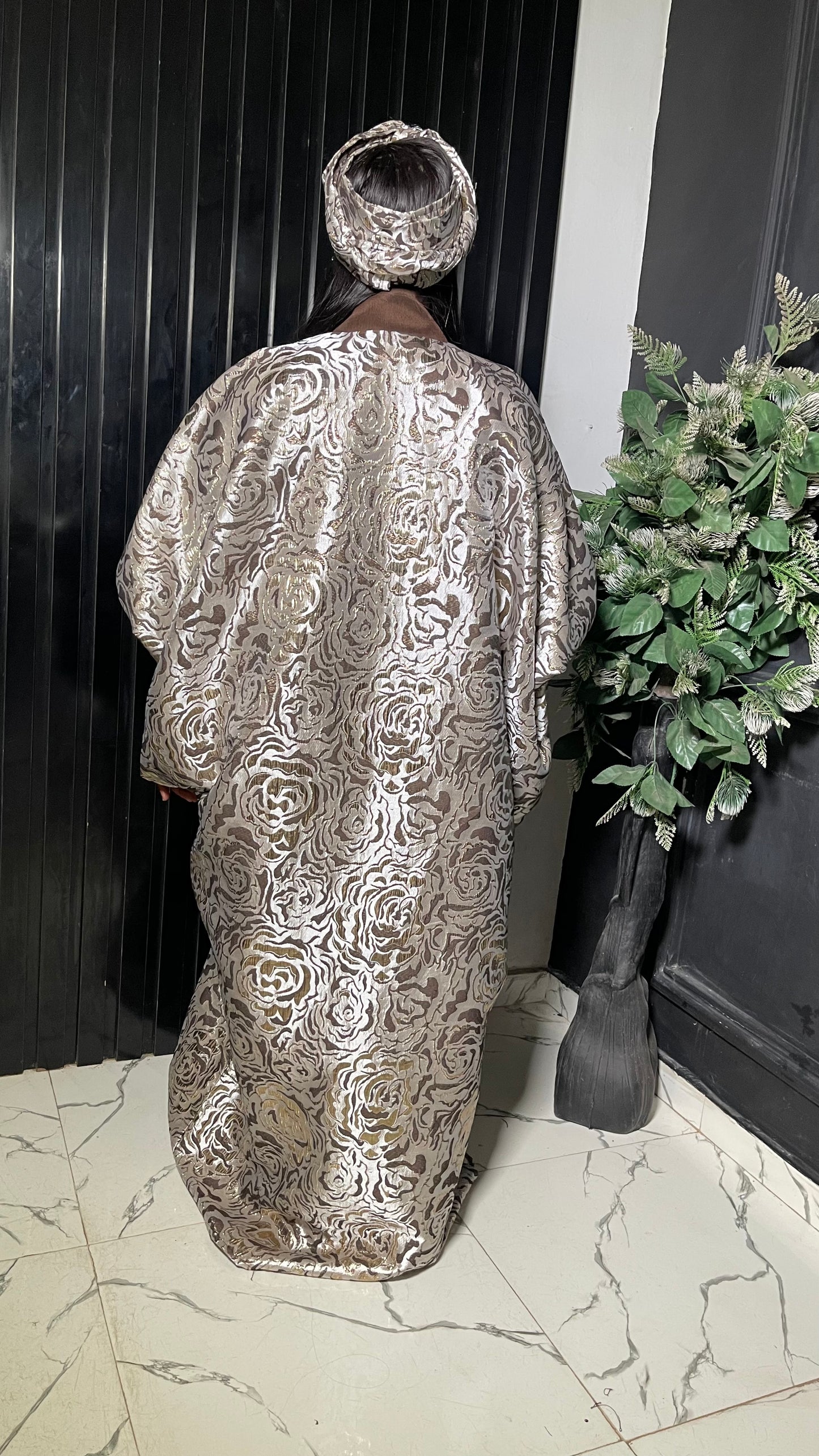 Elegant free size Damask bubu with aso oke in brown