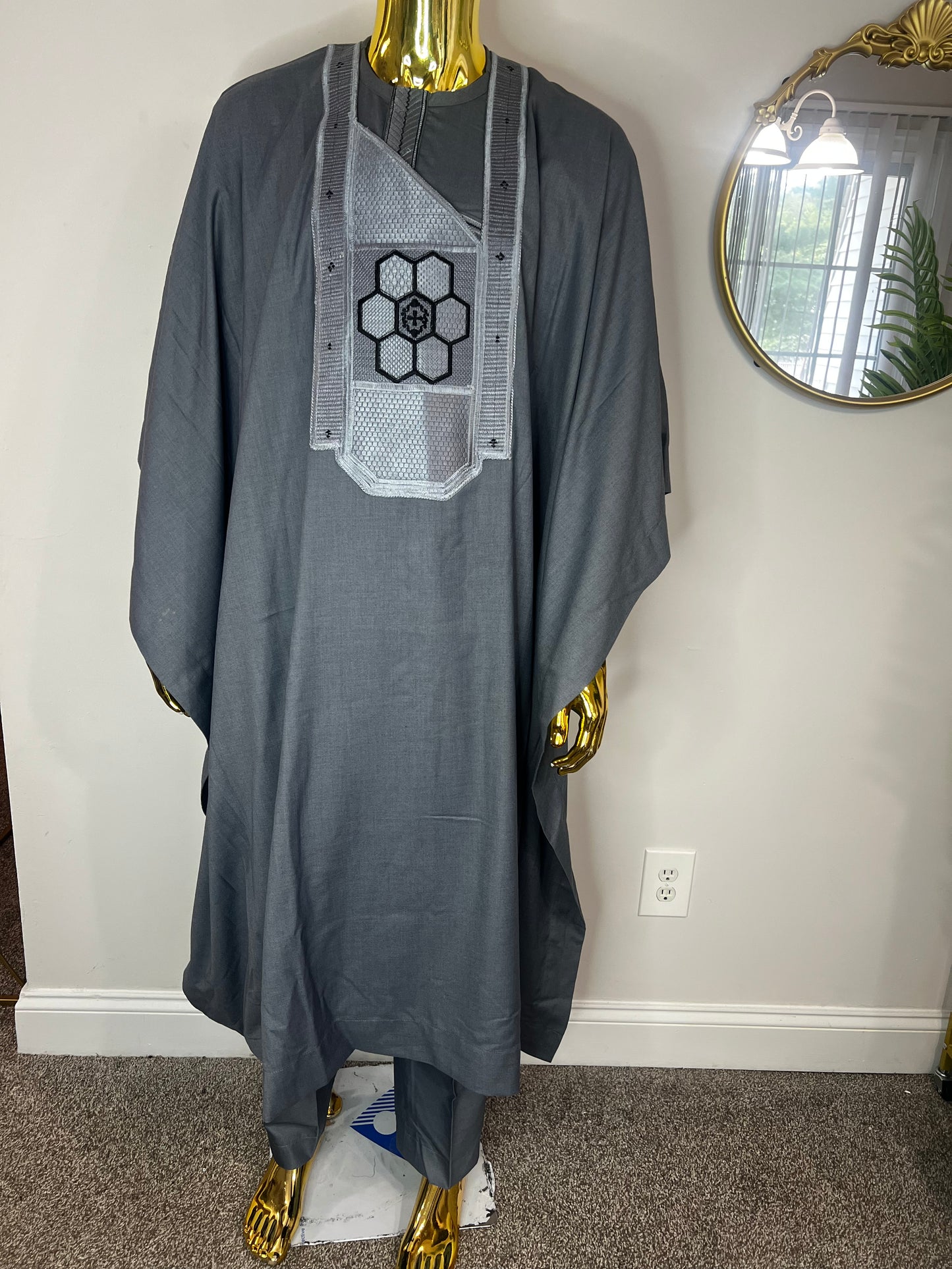 AkeemAzeez African men 3pcs set (pant ,shirt & Agbada) outfit in Gray with Embroidery