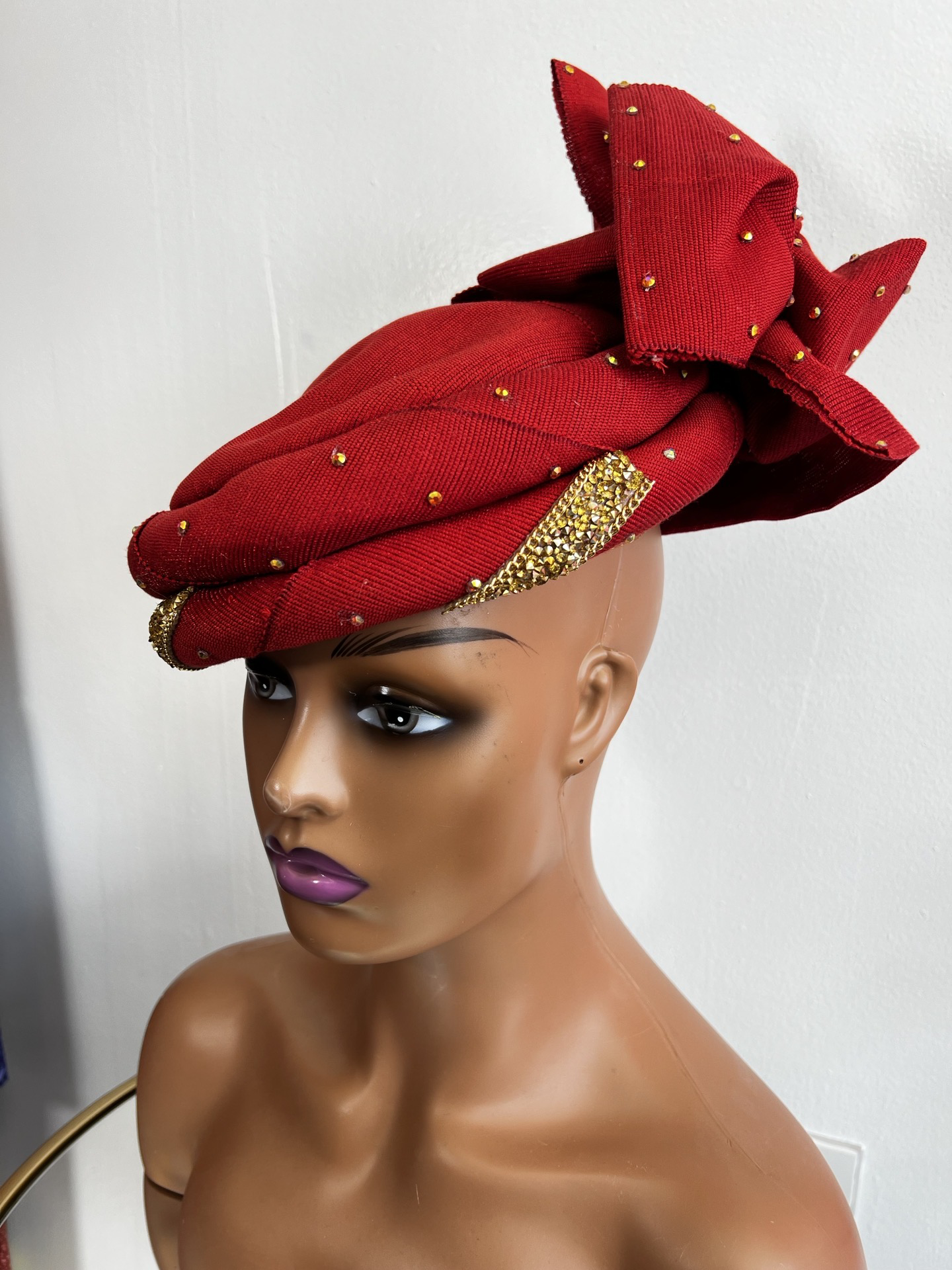 Stylish women aso oke headgear in red