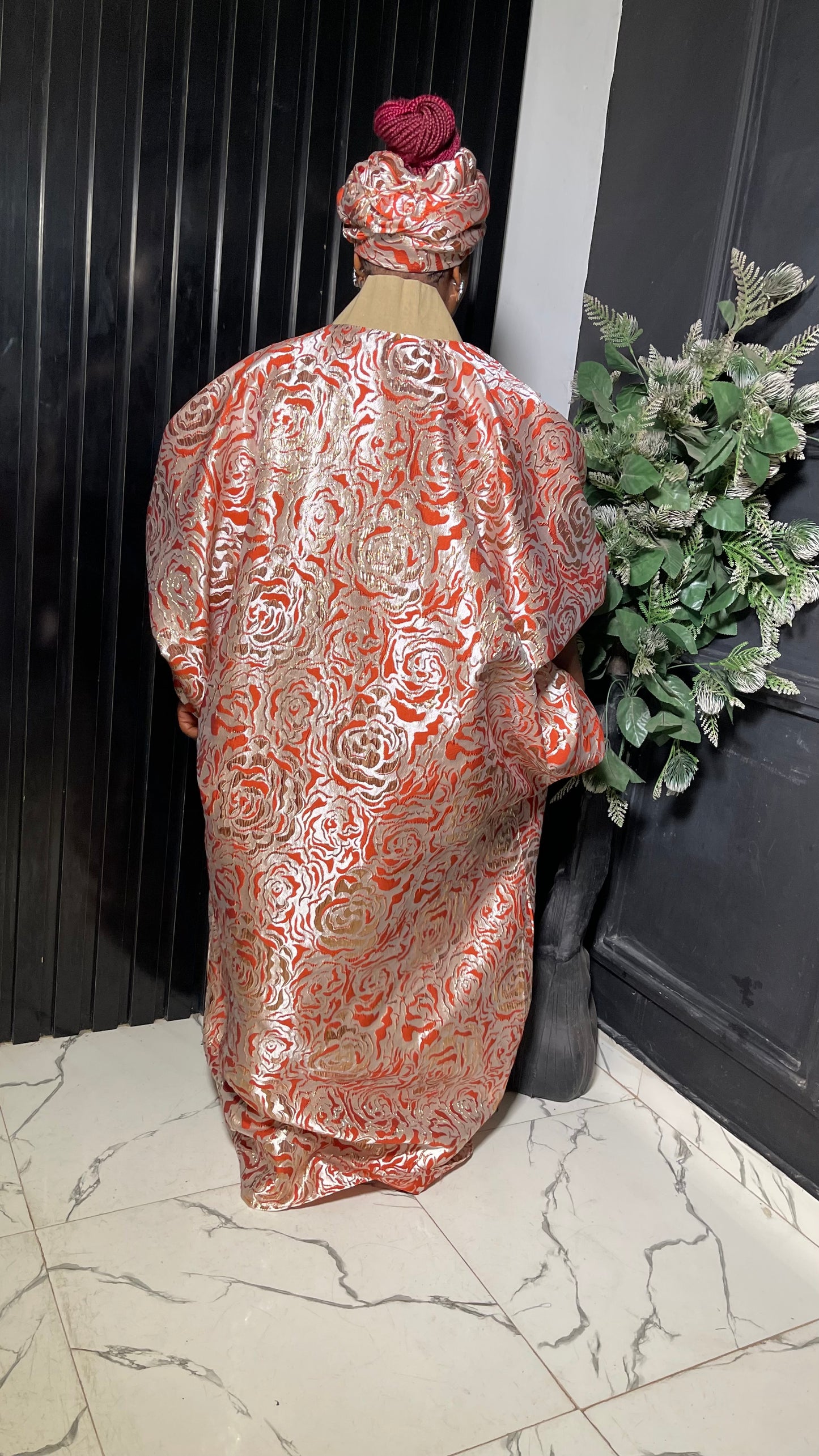Elegant free size Damask bubu with aso oke in orange