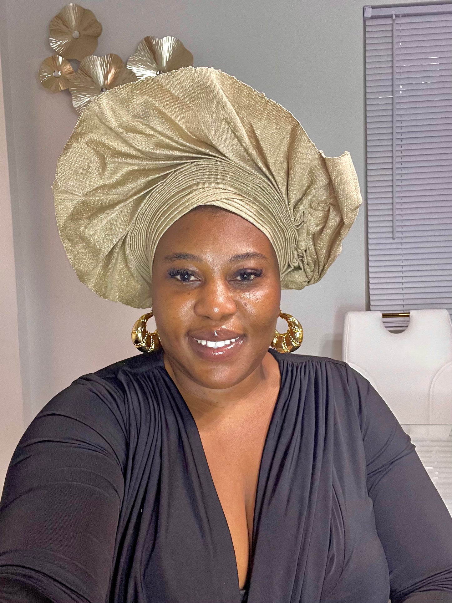 Pre-made Champayne gold Aso oke Headtie / Auto gele