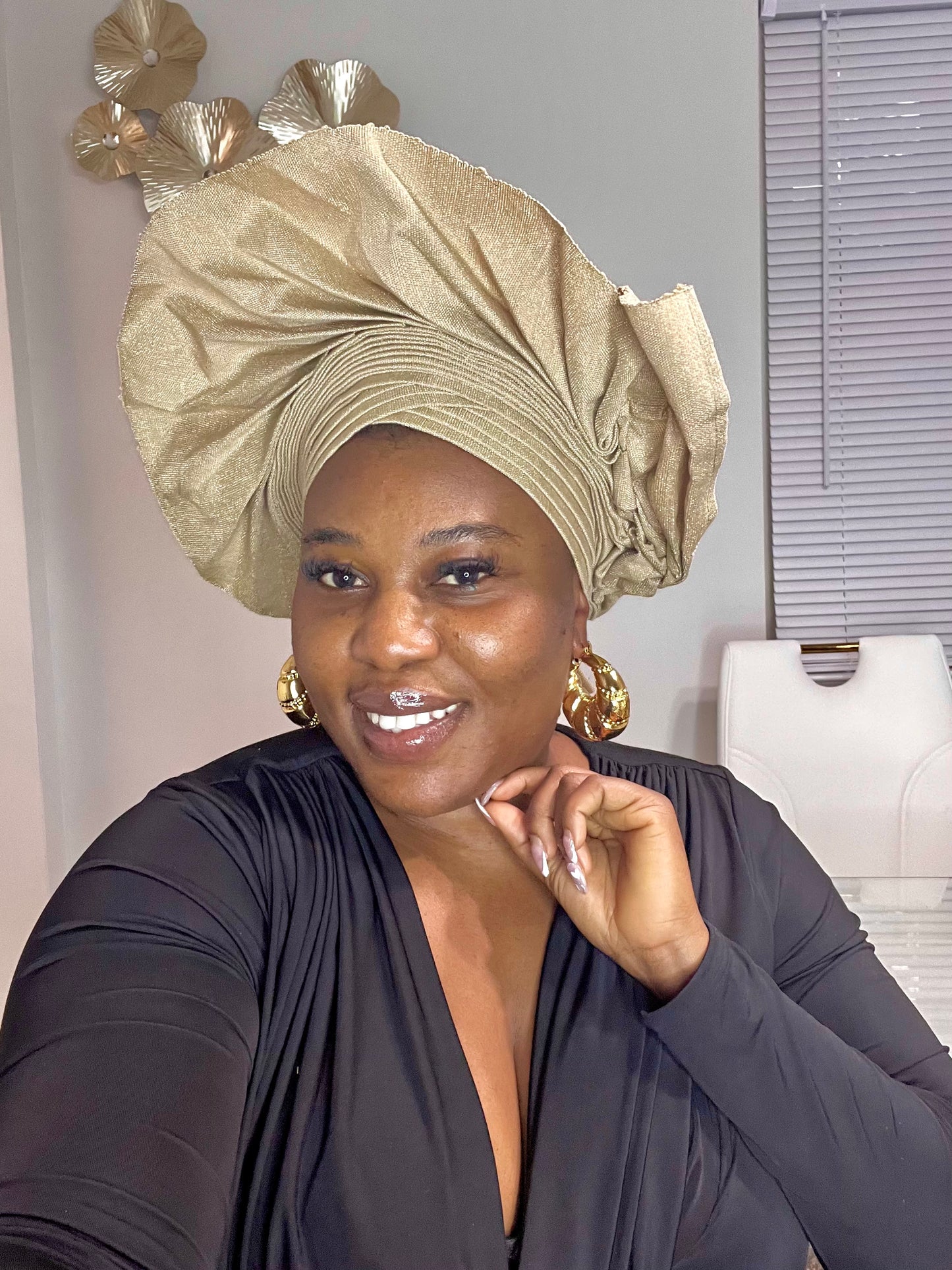 Pre-made Champayne gold Aso oke Headtie / Auto gele