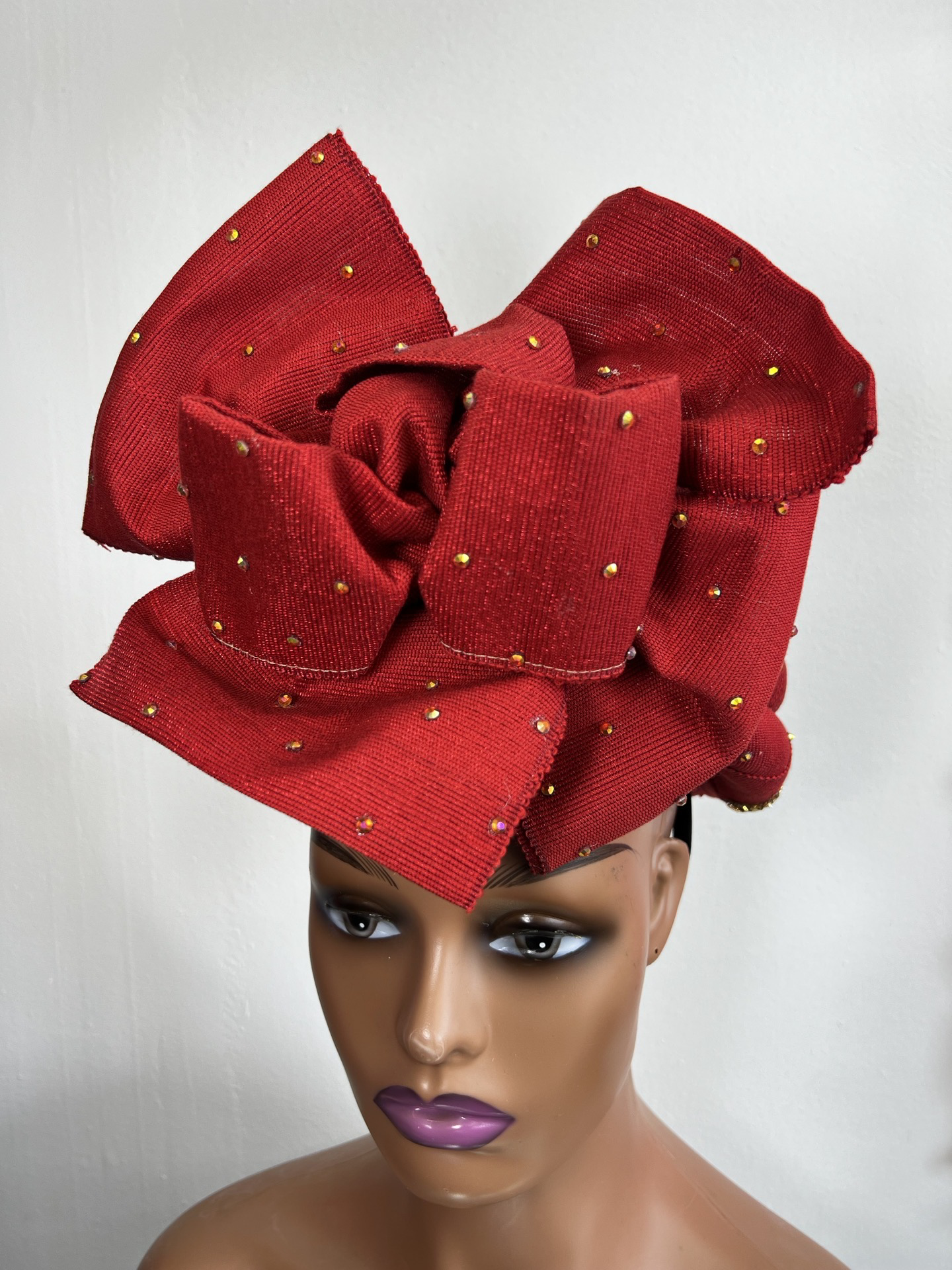Stylish women aso oke headgear in red