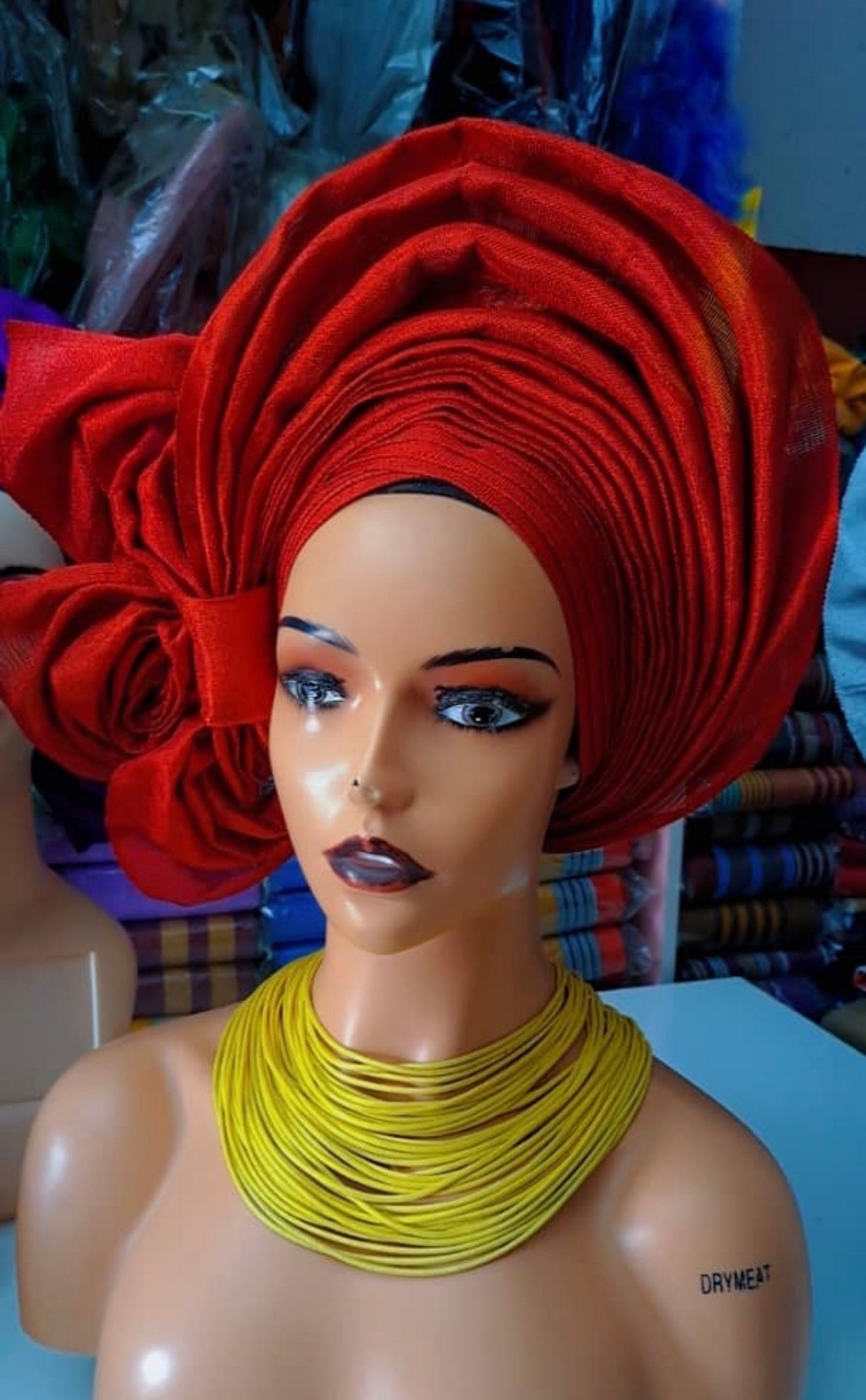 Pre-made Red Aso oke Headtie / Auto gele