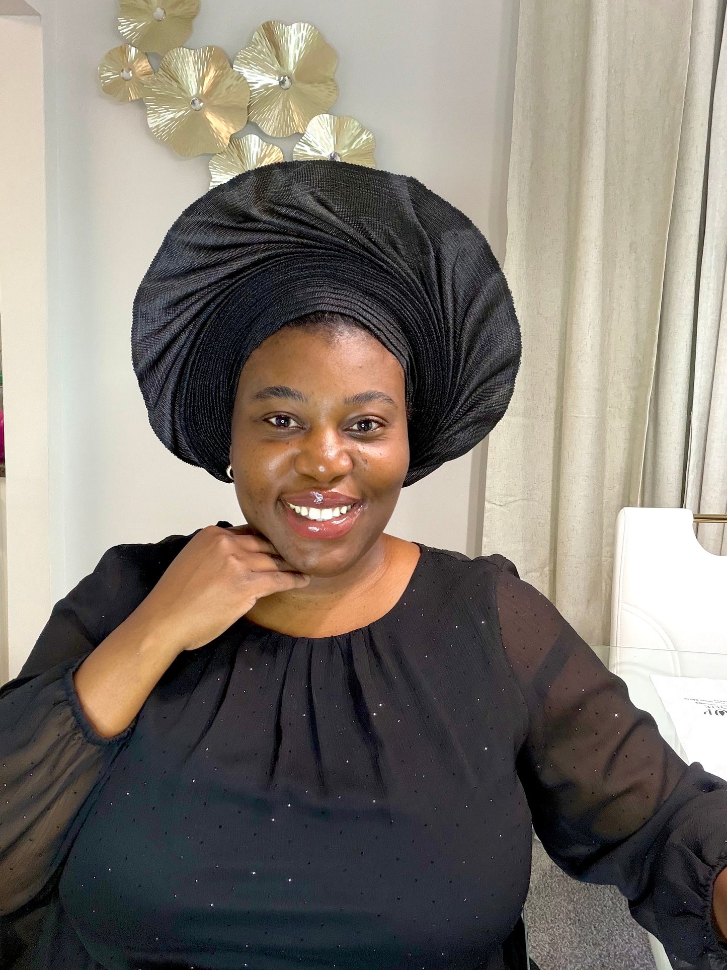 Pre-made Black Aso oke Headtie / Auto gele