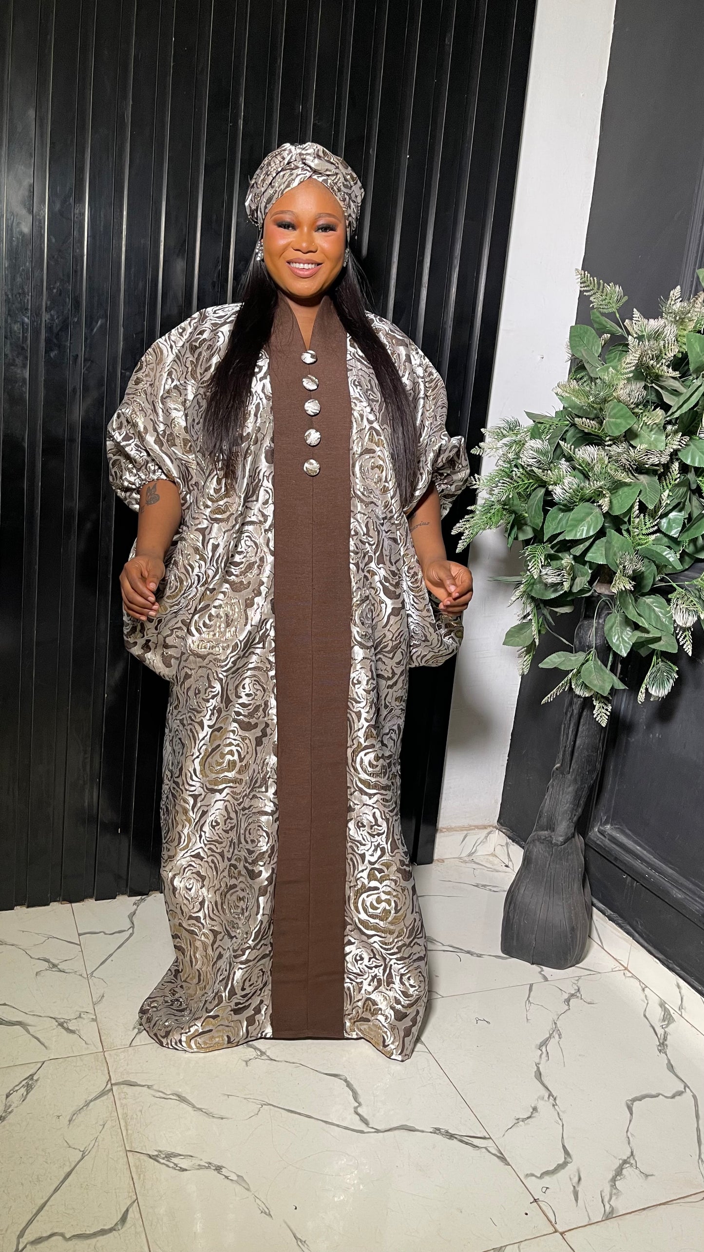 Elegant free size Damask bubu with aso oke in brown