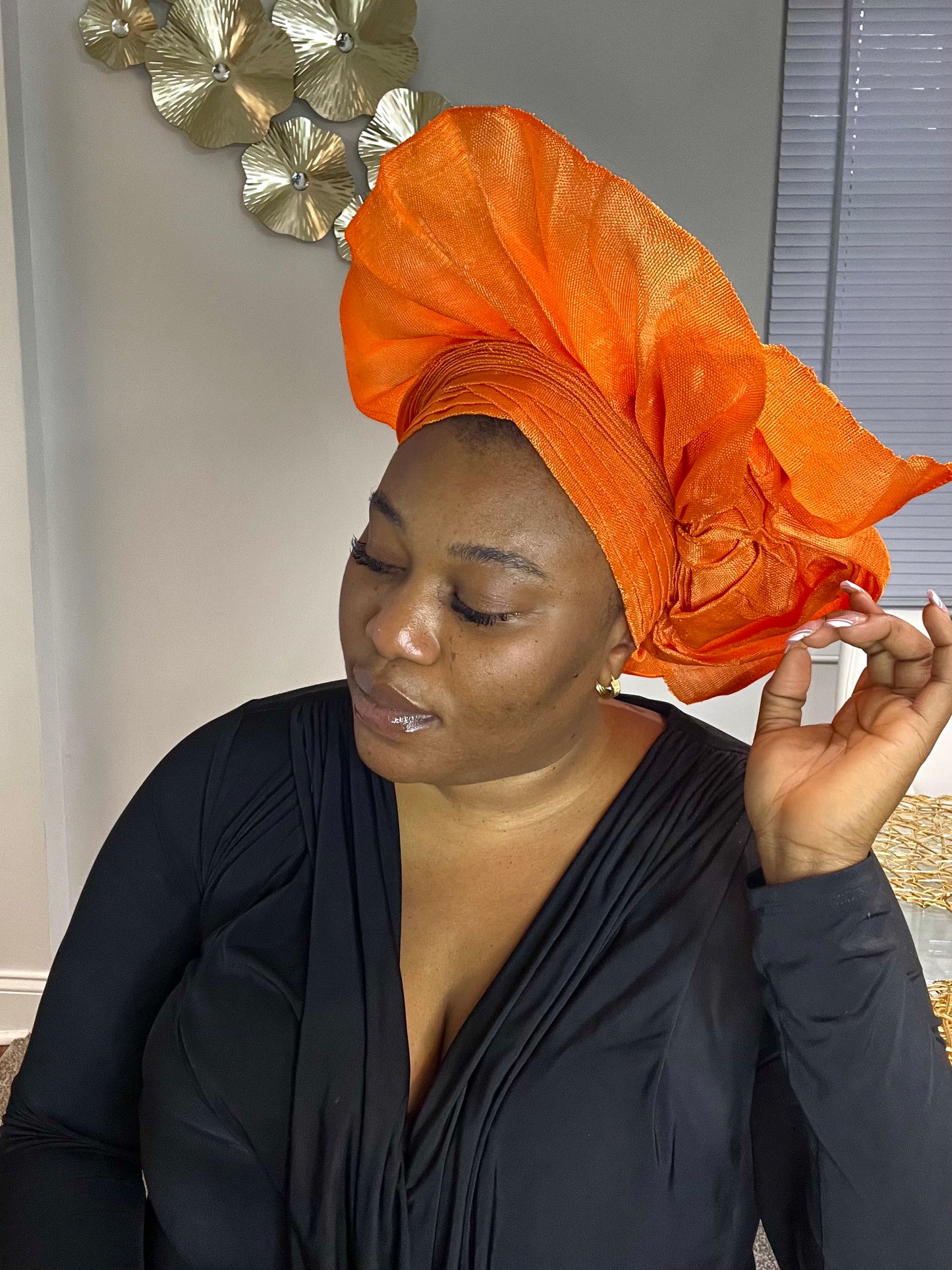 Pre-made Orange Aso oke Headtie / Auto gele