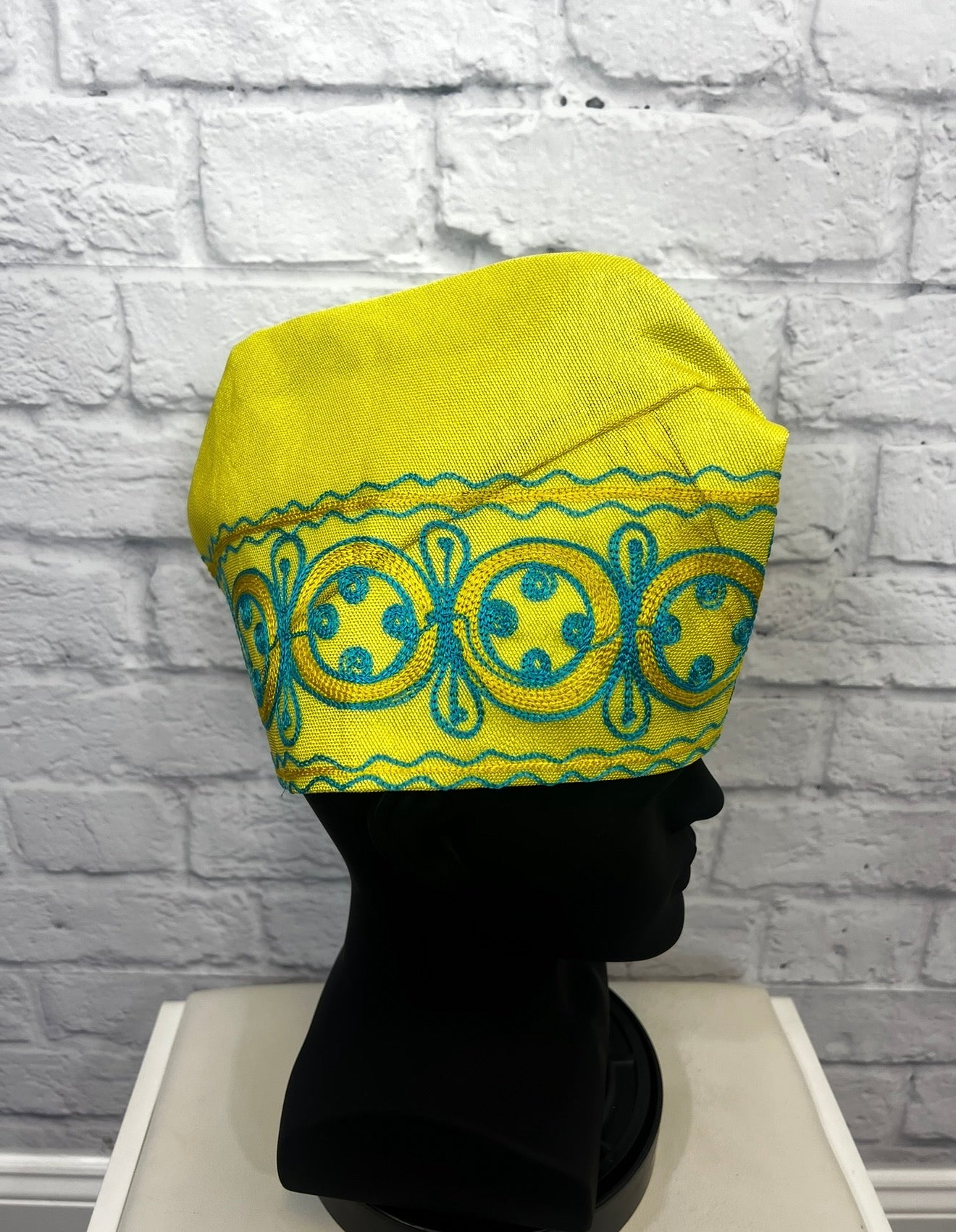 African Men’s Traditional Yellow Gobi cap: Embroidered Yoruba Aso Oke Fila (Copy)