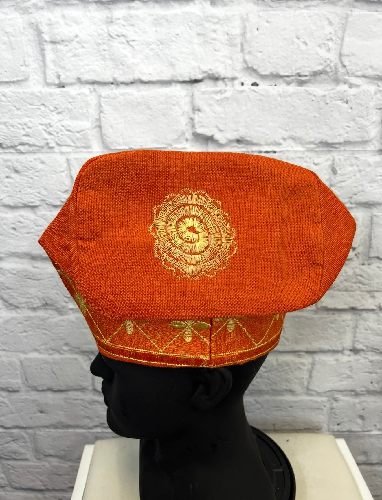 African Men’s Traditional Orange Gobi cap: Embroidered Yoruba Aso Oke Fila