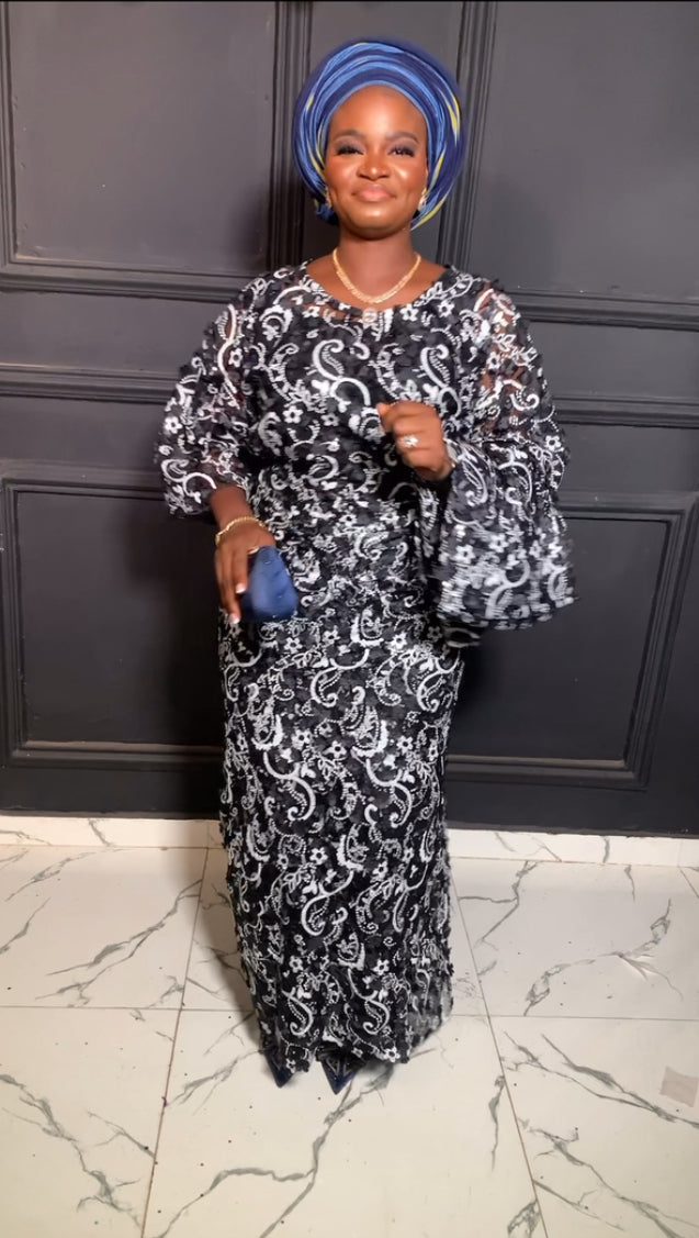 Ada blouse and wrapper lace (iro & buba) in black & white