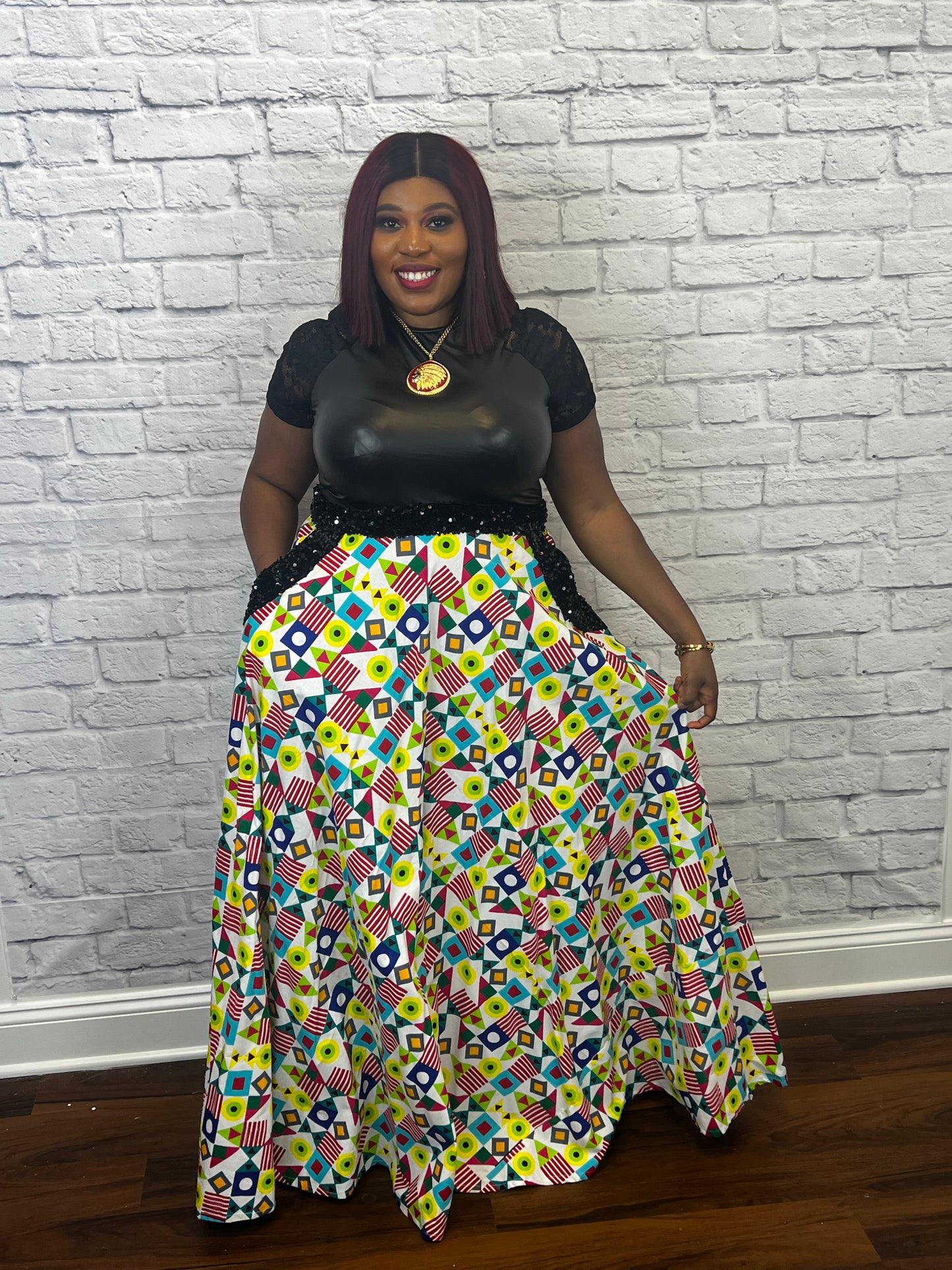 Maxi Ankara Skirt with sequins Waist band and pocket