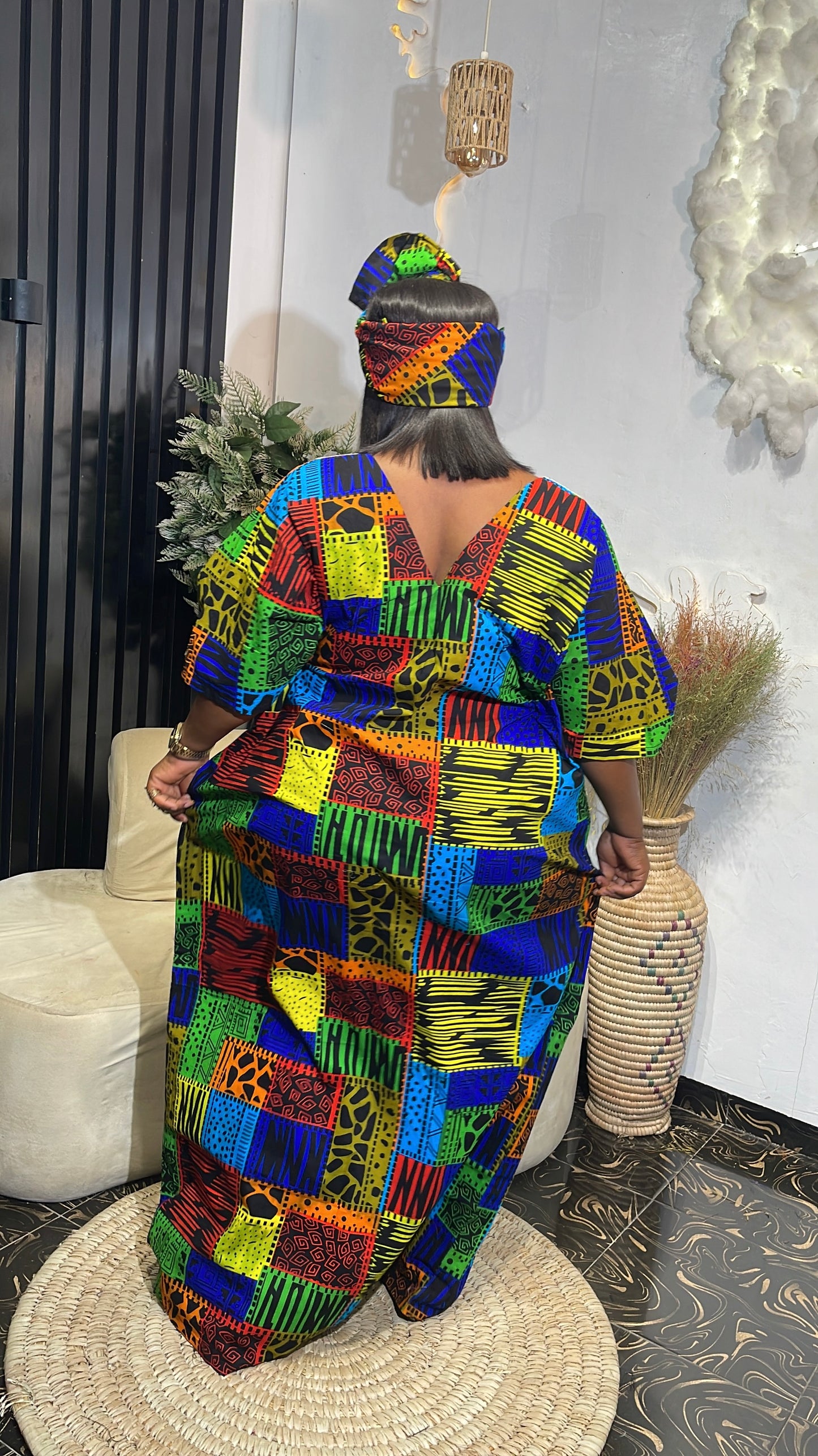 Chisoma Quality Ankara bubu kaftan dress with white lace