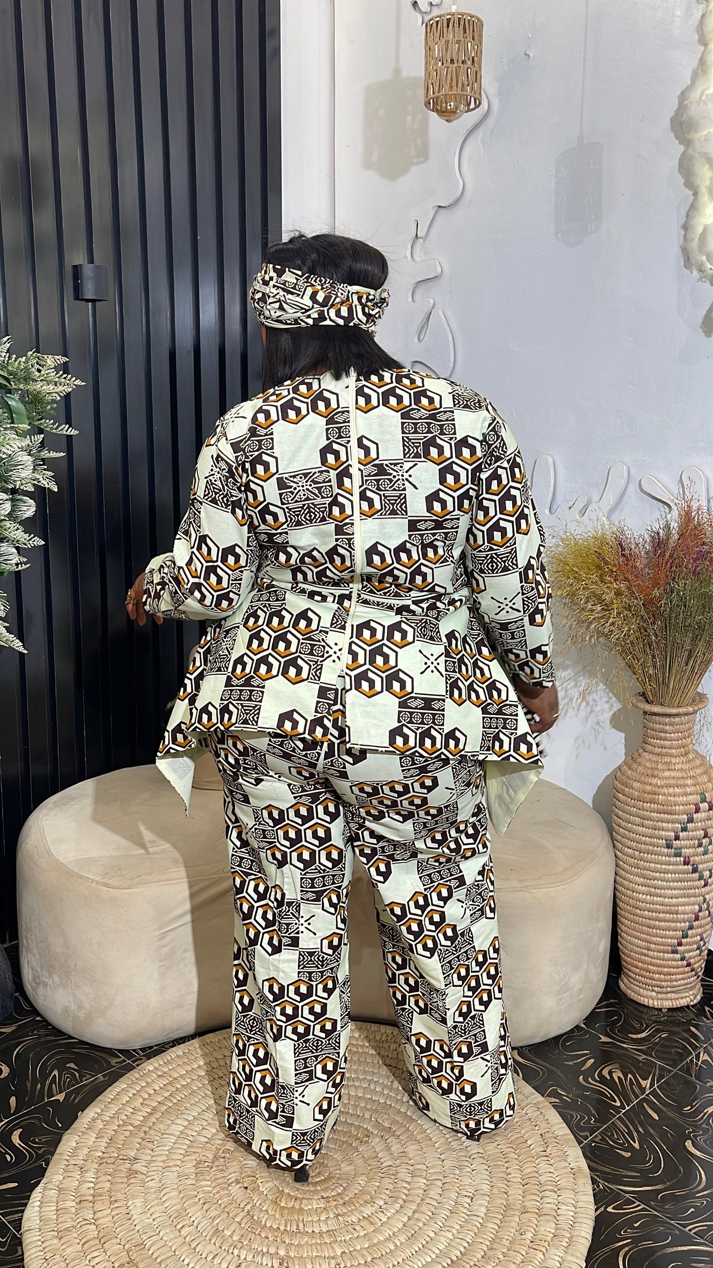 Hilary African Ankara Pant Set with Peplum Blouse and Scarf | 100% Cotton Traditional Wear.