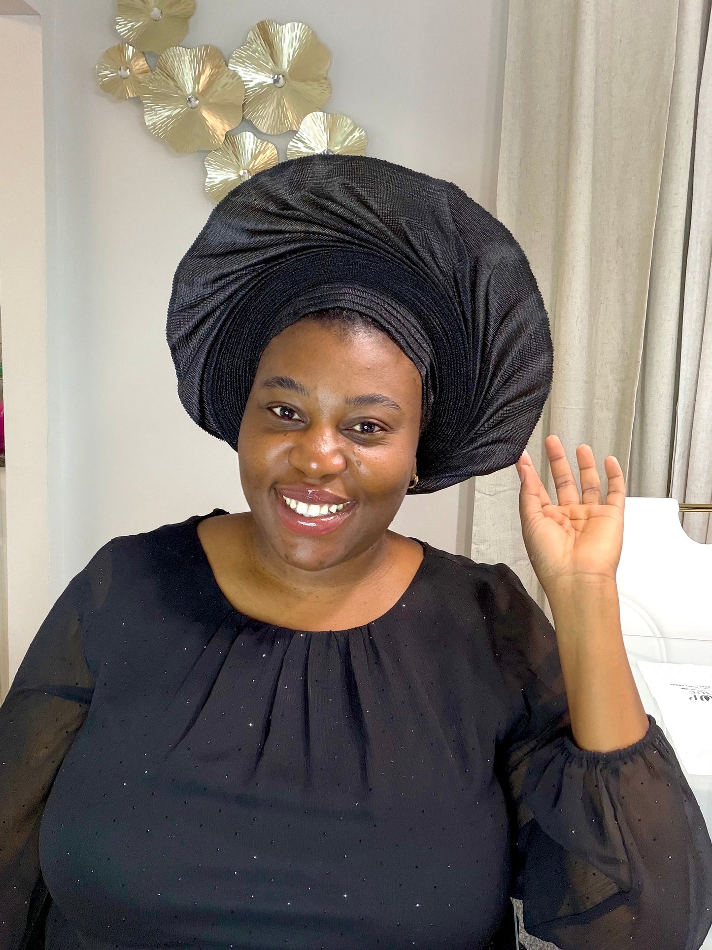 Pre-made Black Aso oke Headtie / Auto gele