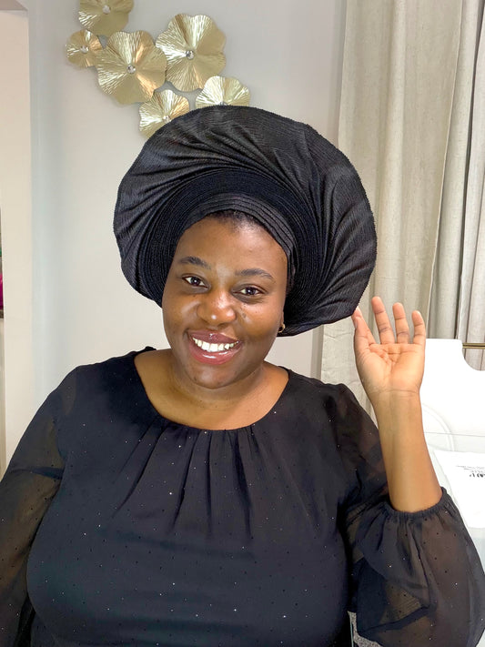 Pre-made Black Aso oke Headtie / Auto gele