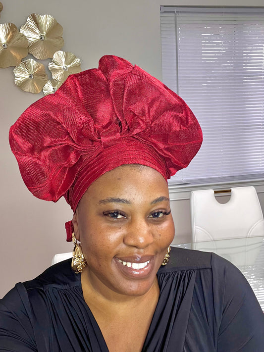 Pre-made red Aso oke Headtie / Auto gele