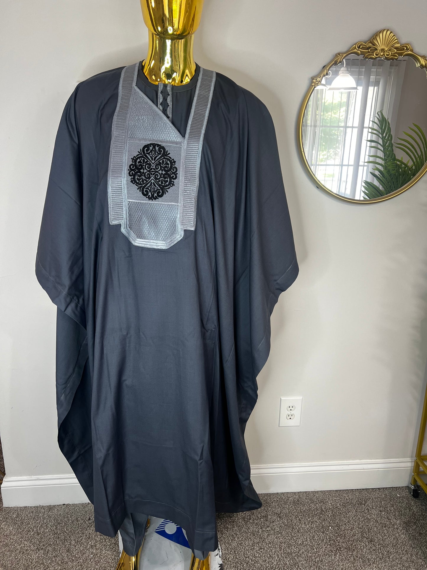 Akeem African men 3pcs set (pant ,shirt & Agbada) outfit in Gray with Embroidery