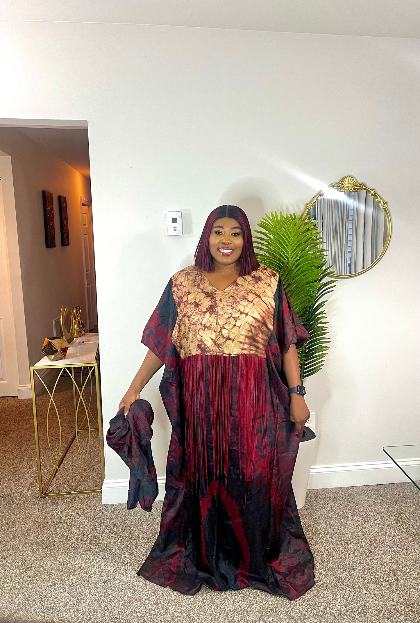 Quality African Silk Adire tie-dye dress with fringe