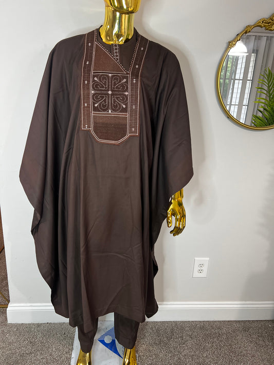 Akeem African men 3pcs set (pant ,shirt & Agbada) outfit in brown with Embroidery