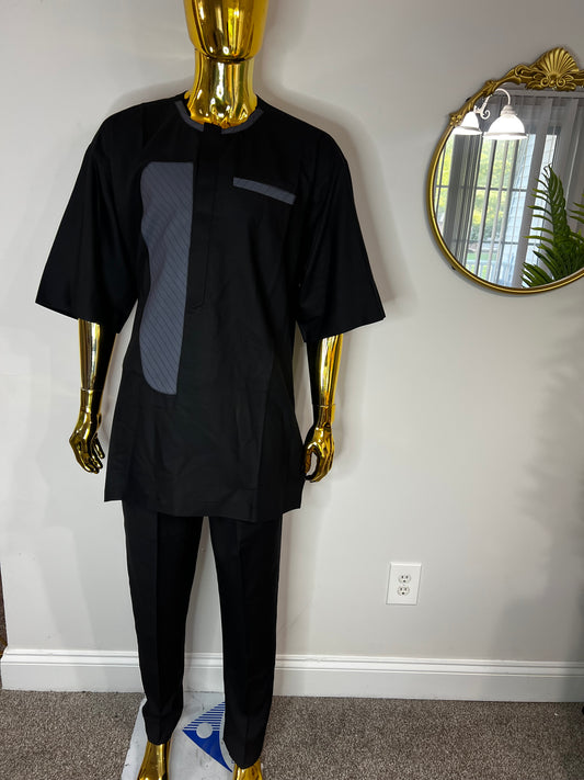 P&P African men 2pc (pant with shirt) outfit in black with gray design