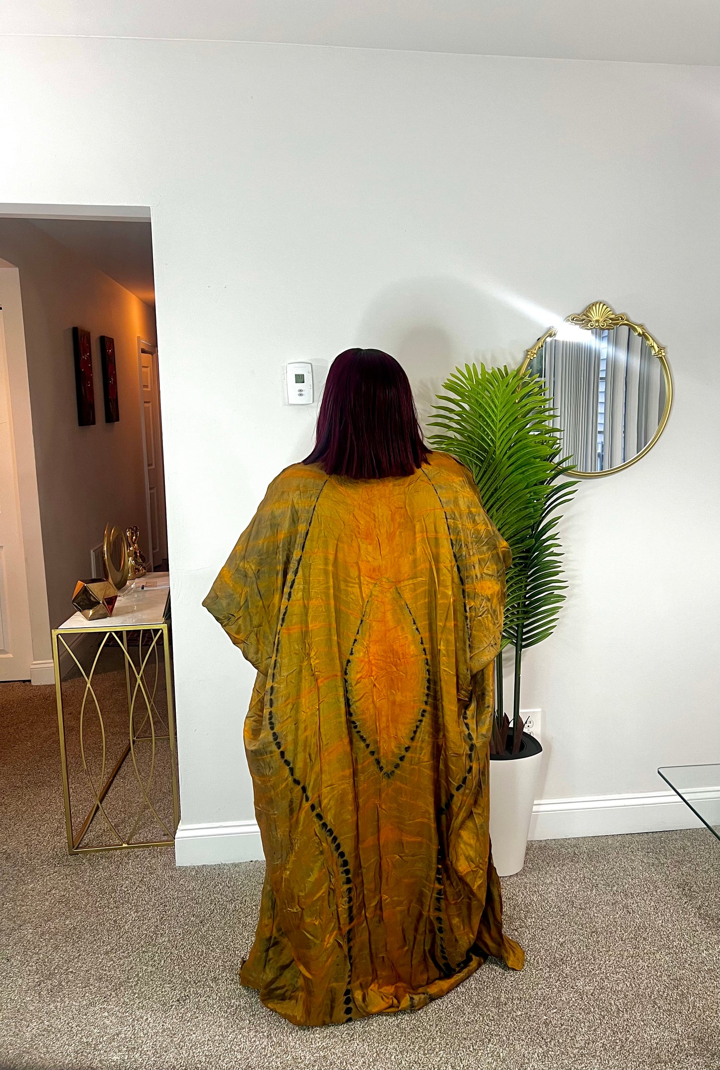 Quality African Silk Adire tie-dye dress with fringe