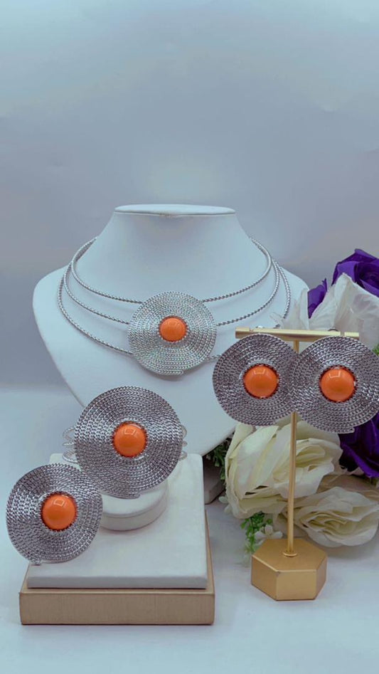 Silver with coral jewelry sets (necklace, earring, bracelet and ring)