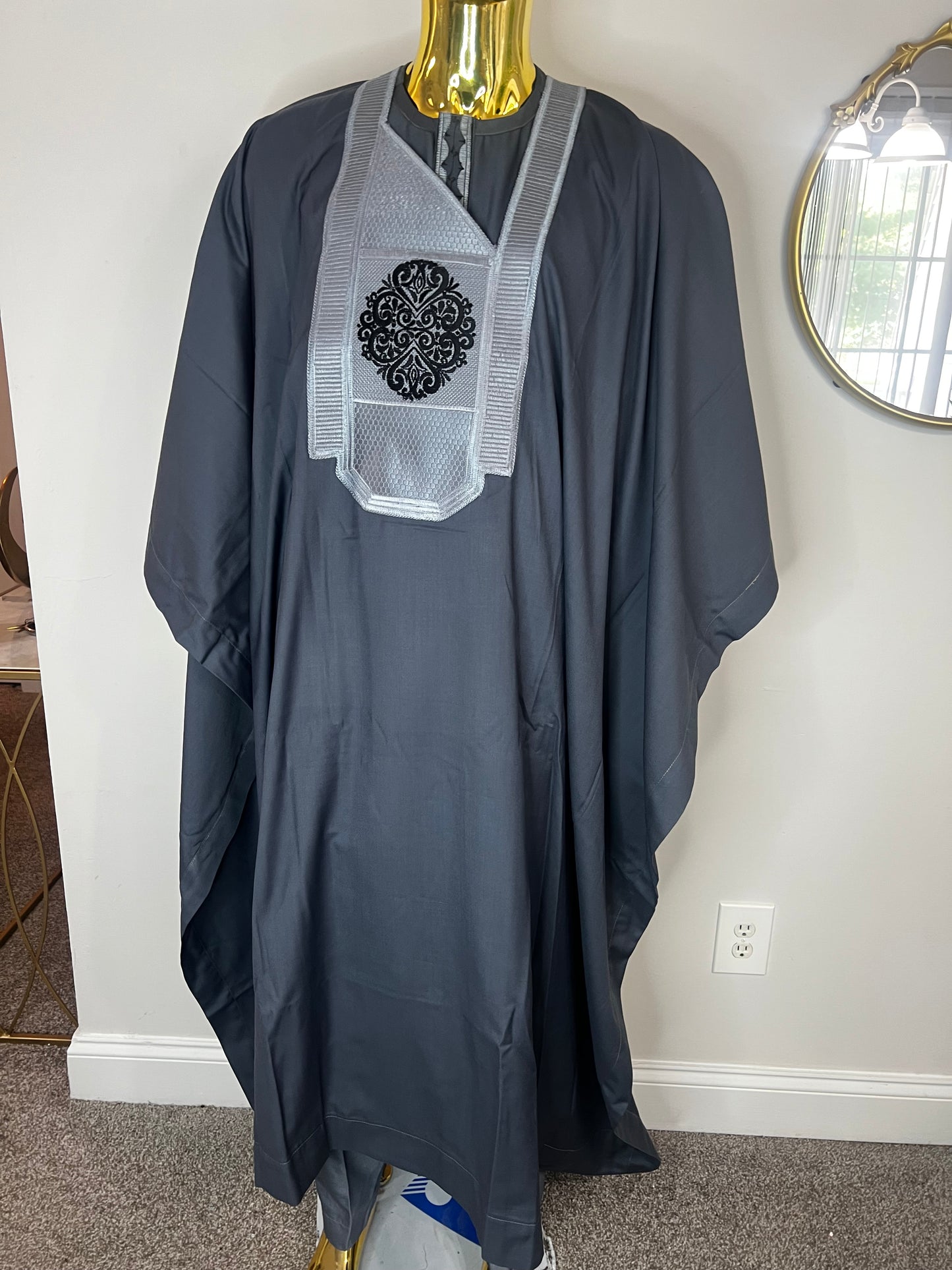 Akeem African men 3pcs set (pant ,shirt & Agbada) outfit in Gray with Embroidery