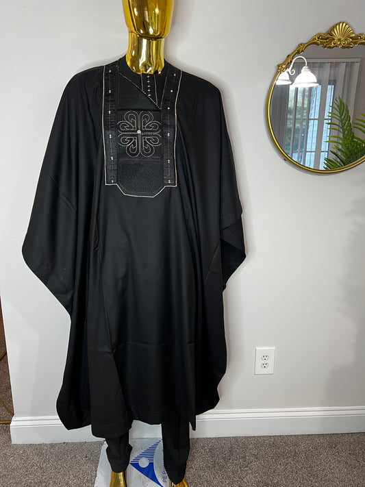 R&R African men 3pcs set (pant ,shirt & Agbada) outfit in black with Embroidery