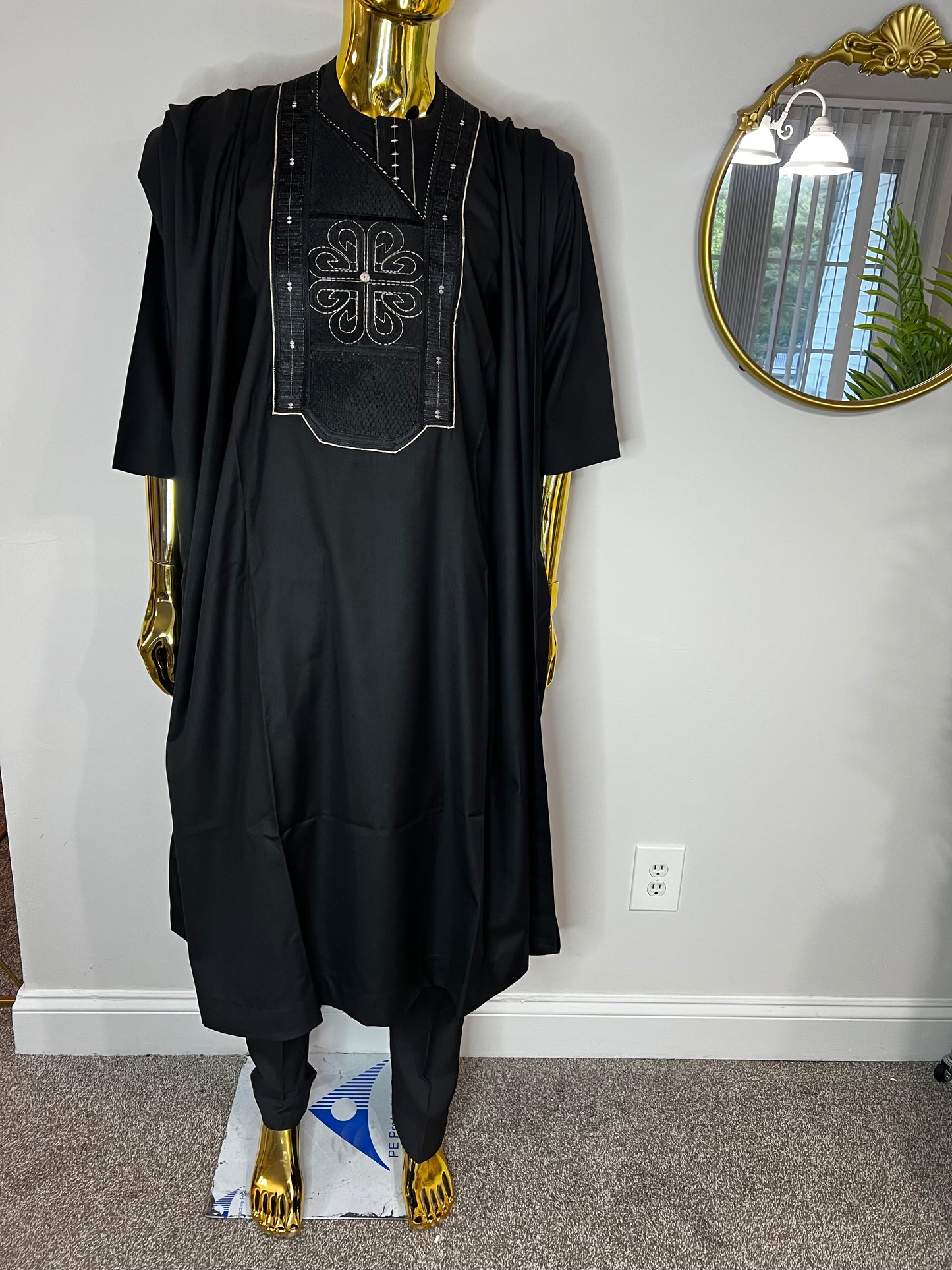 R&R African men 3pcs set (pant ,shirt & Agbada) outfit in black with Embroidery