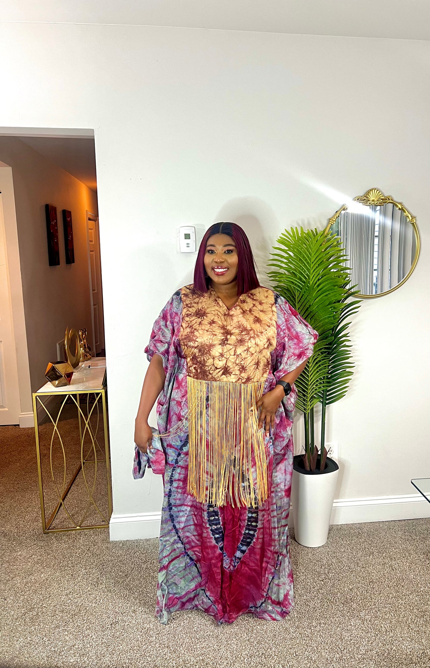 Quality African Silk Adire tie-dye dress with fringe