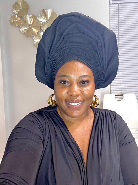Pre-made black Aso oke Headtie / Auto gele
