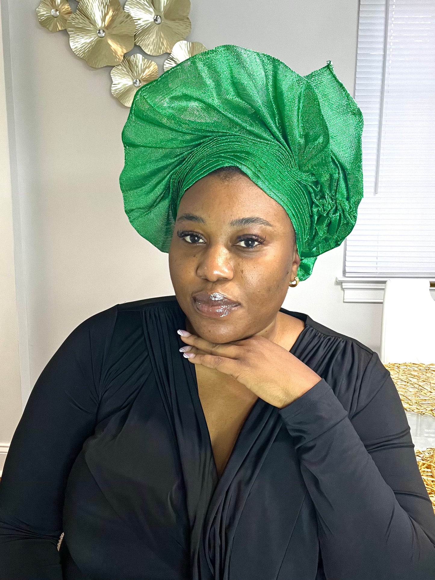 Pre-made Green Aso oke Headtie / Auto gele