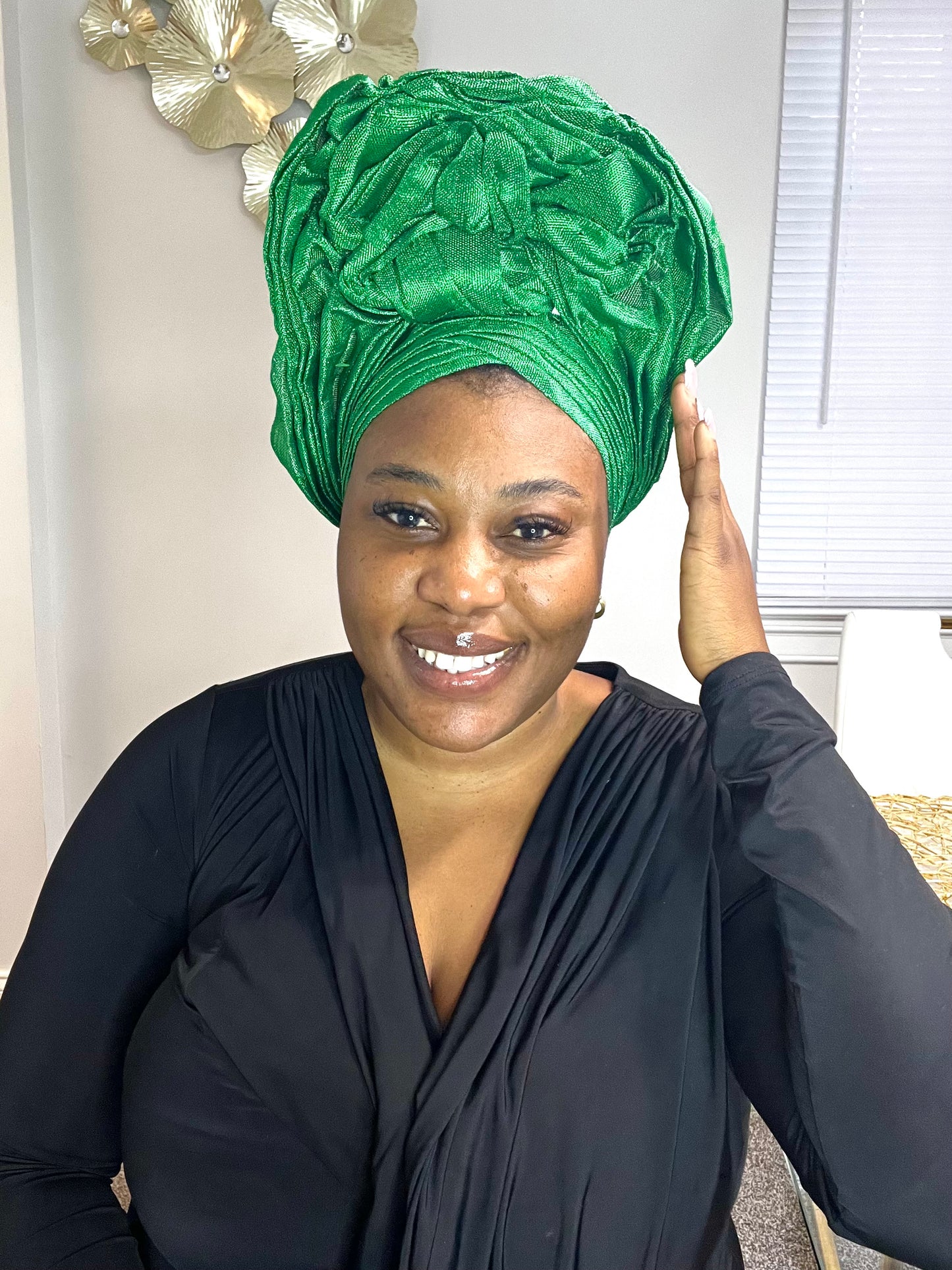 Pre-made Green Aso oke Headtie / Auto gele