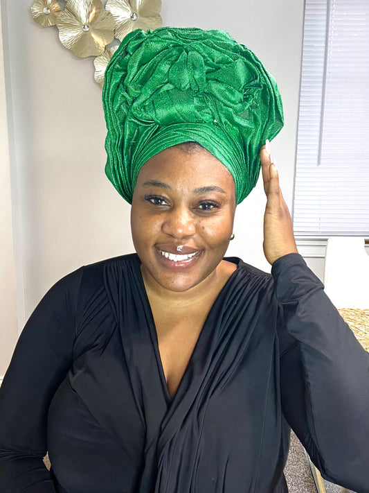Pre-made Green Aso oke Headtie / Auto gele