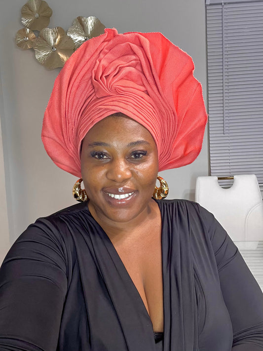 Pre-made Peach Aso oke Headtie / Auto gele