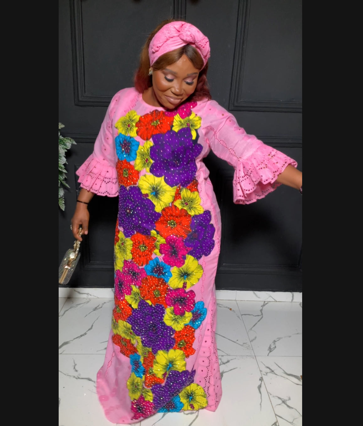 Dry lace either fully stoned Ankara dress in pink