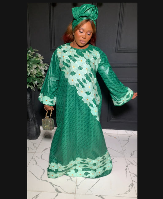 Bazin dress with embroidery in green