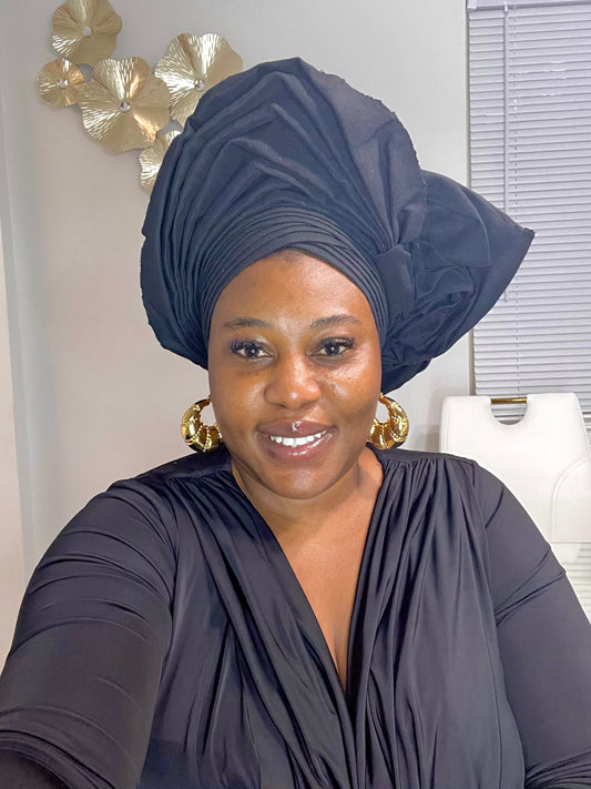 Pre-made black Aso oke Headtie / Auto gele