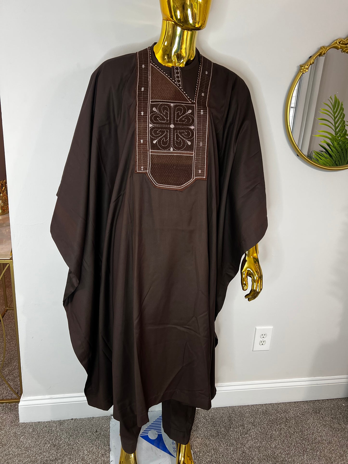 Akeem African men 3pcs set (pant ,shirt & Agbada) outfit in brown with Embroidery