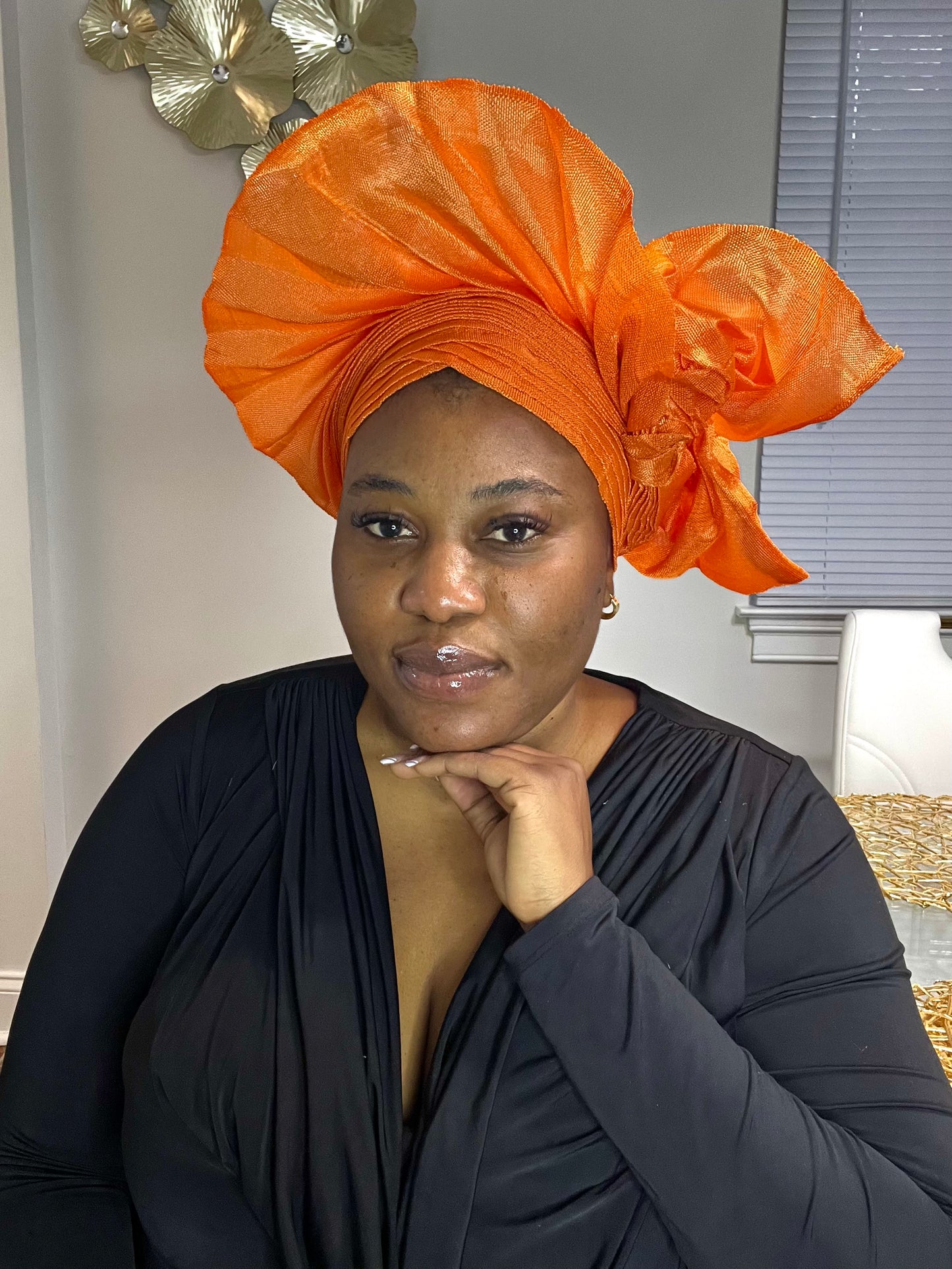 Pre-made Orange Aso oke Headtie / Auto gele