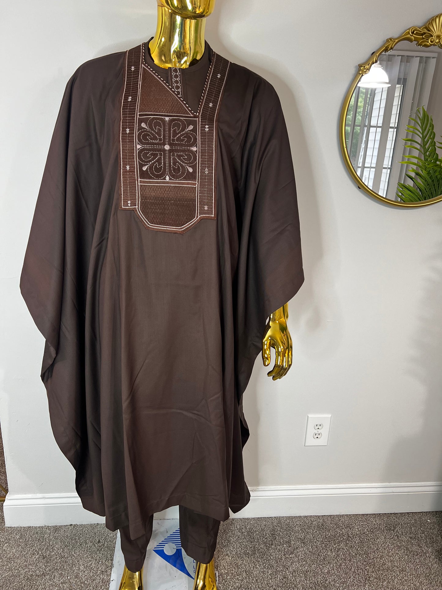 Akeem African men 3pcs set (pant ,shirt & Agbada) outfit in brown with Embroidery