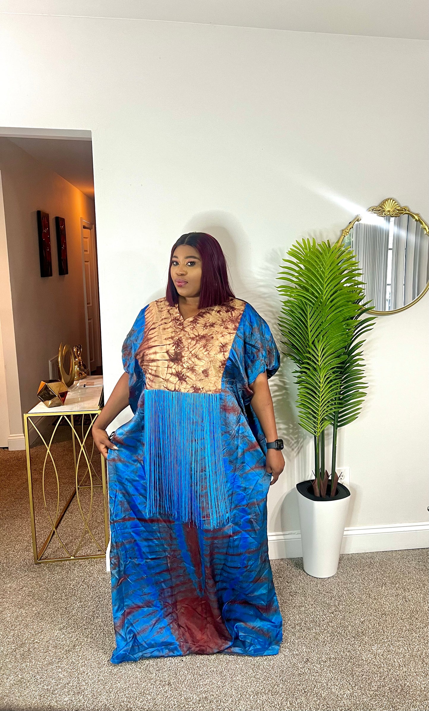 Quality African Silk Adire tie-dye dress with fringe