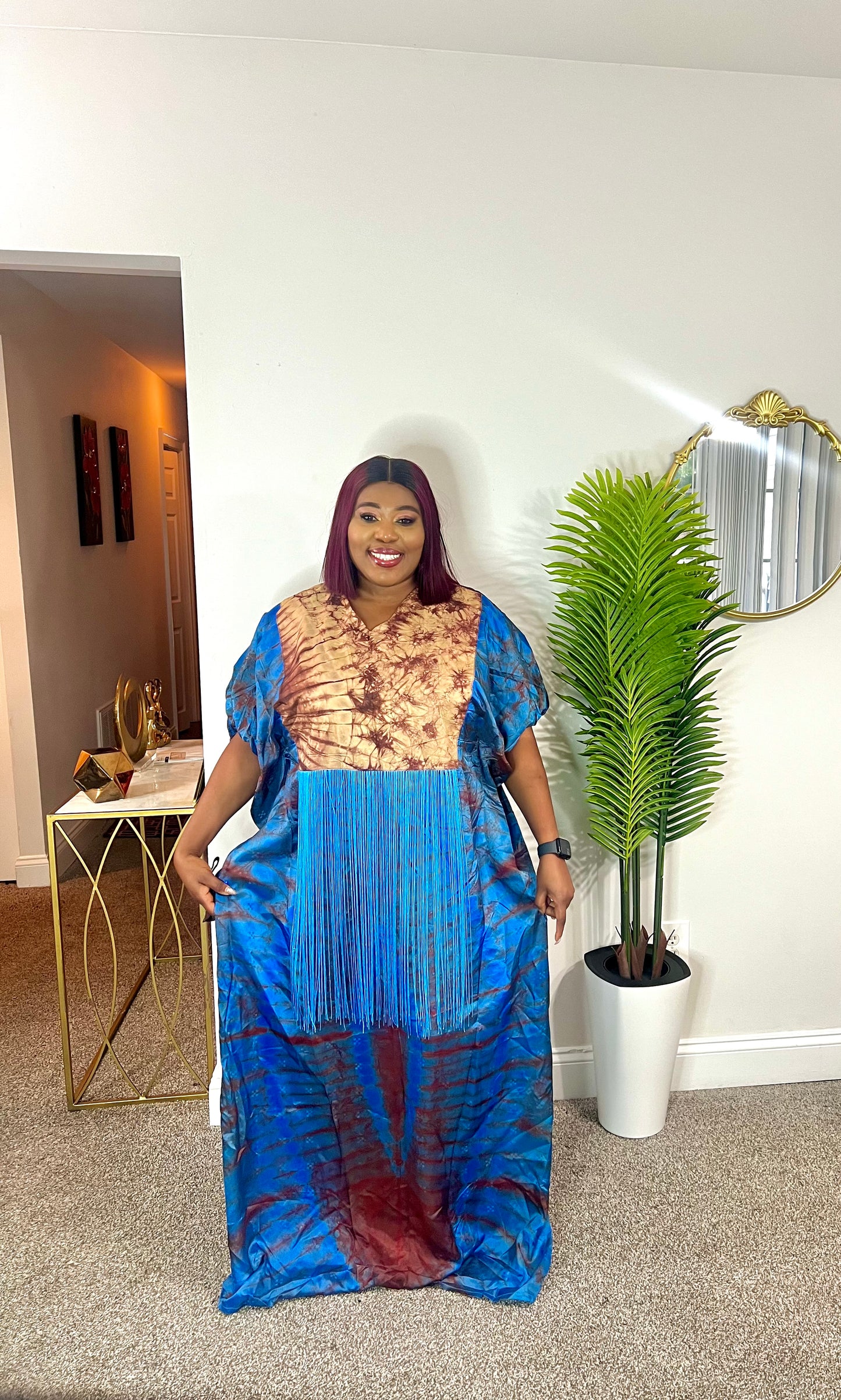 Quality African Silk Adire tie-dye dress with fringe