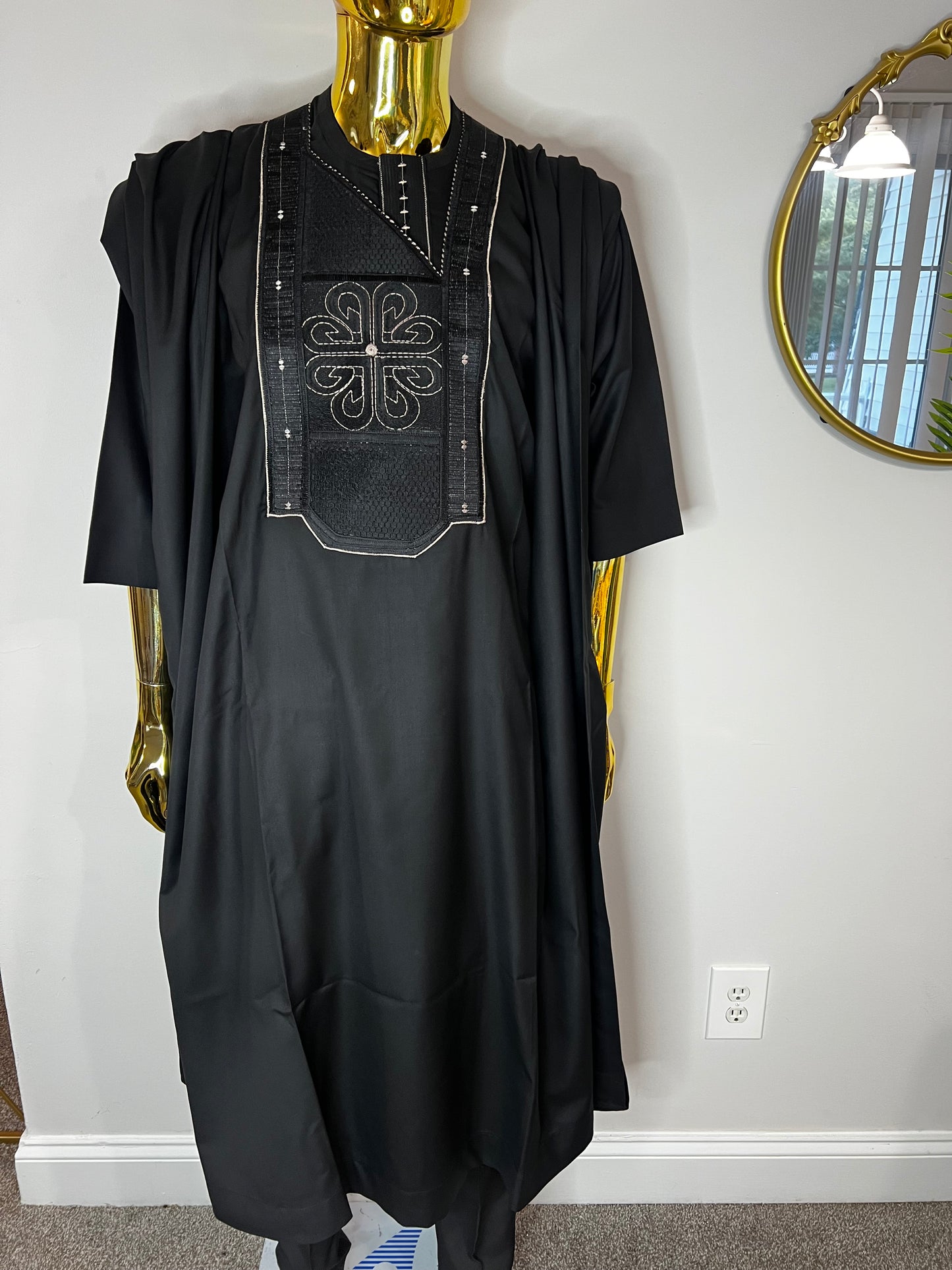 R&R African men 3pcs set (pant ,shirt & Agbada) outfit in black with Embroidery